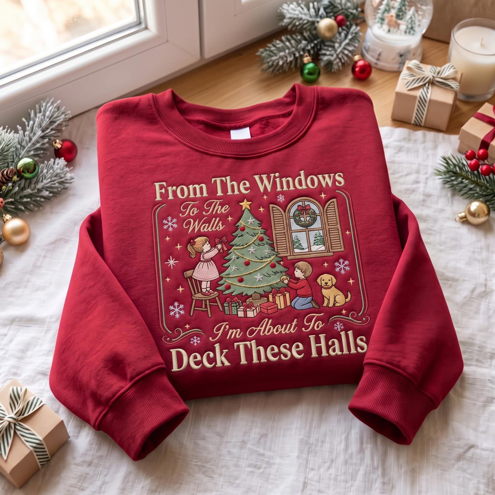 Deck These Halls Christmas Sweatshirt, Embroidered Family Decorating Tree Shirt, Cozy Holiday Tradition Sweater, Christmas Gift 4