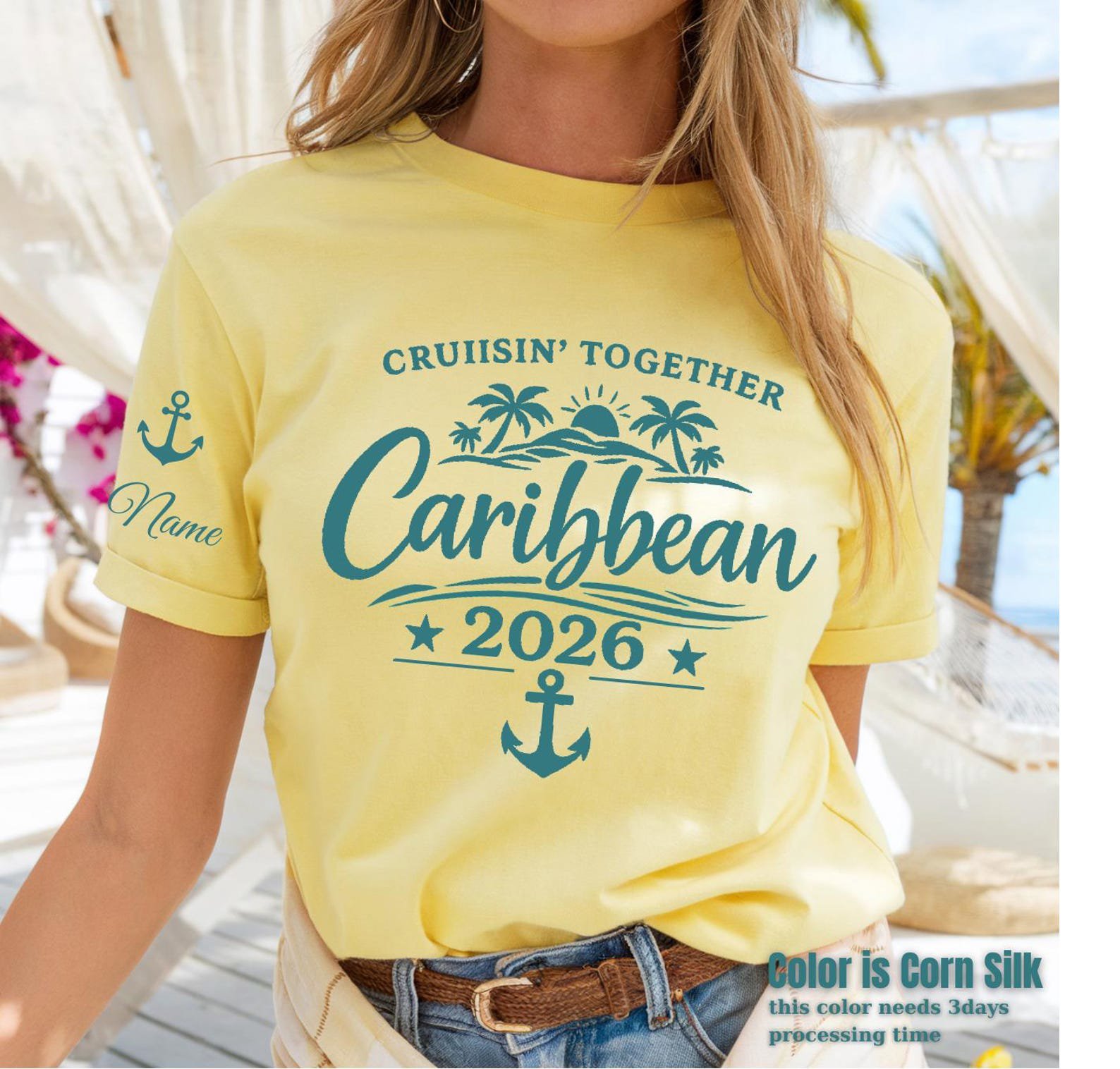 Custom Name Sleeve Cruise Shirt, Caribbean Cruise 2026 Tee, Personalized Cruisin Together Shirt, Name on Sleeve Vacation Outfit, Cruise Gift 1