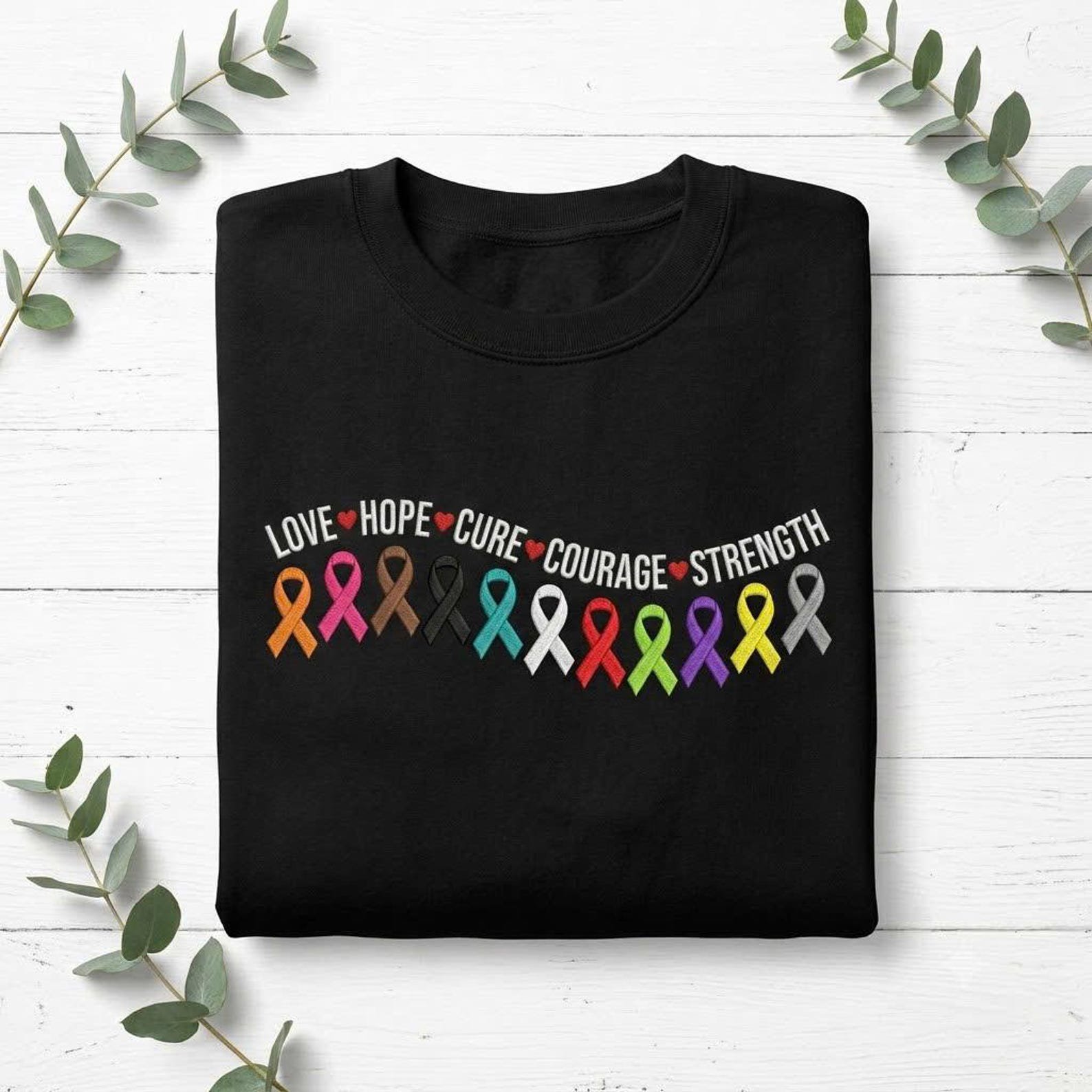 Cancer Ribbon Embroidered Sweatshirt, Love Hope Cure Courage Strength Crewneck, Cancer Survivor Support Gift 3