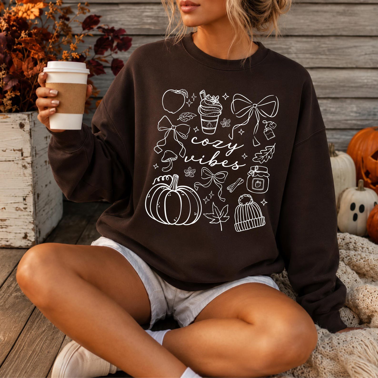 Cozy Vibes Sweatshirt, Fall Doodle Crewneck, Minimalist Autumn Bow Pumpkin Shirt 2