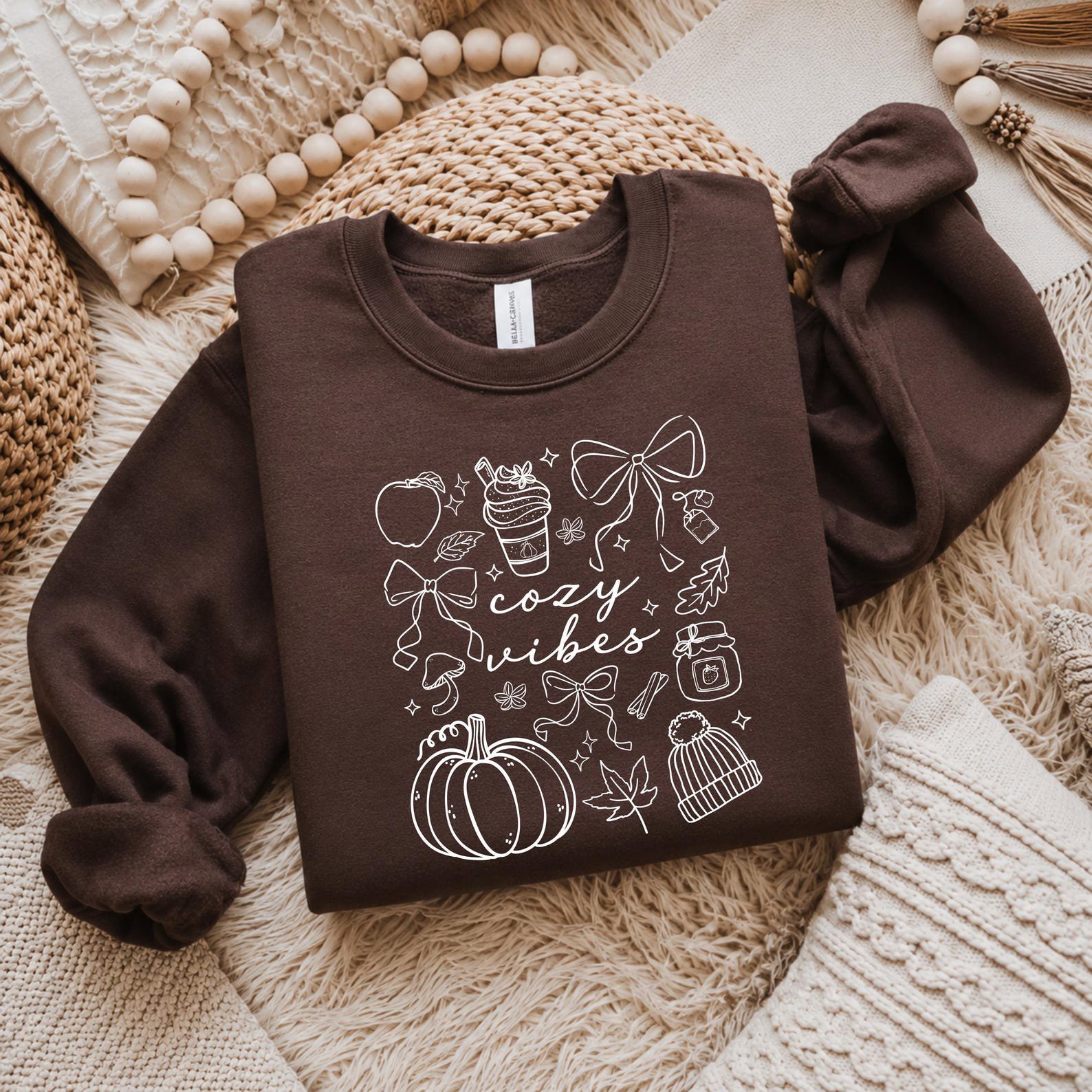 Cozy Vibes Sweatshirt, Fall Doodle Crewneck, Minimalist Autumn Bow Pumpkin Shirt 1