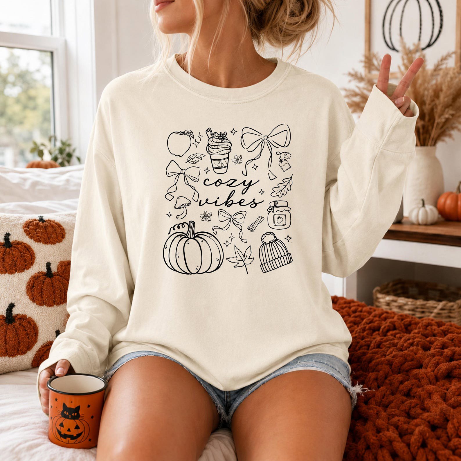 Cozy Vibes Sweatshirt, Fall Doodle Crewneck, Minimalist Autumn Bow Pumpkin Shirt 6