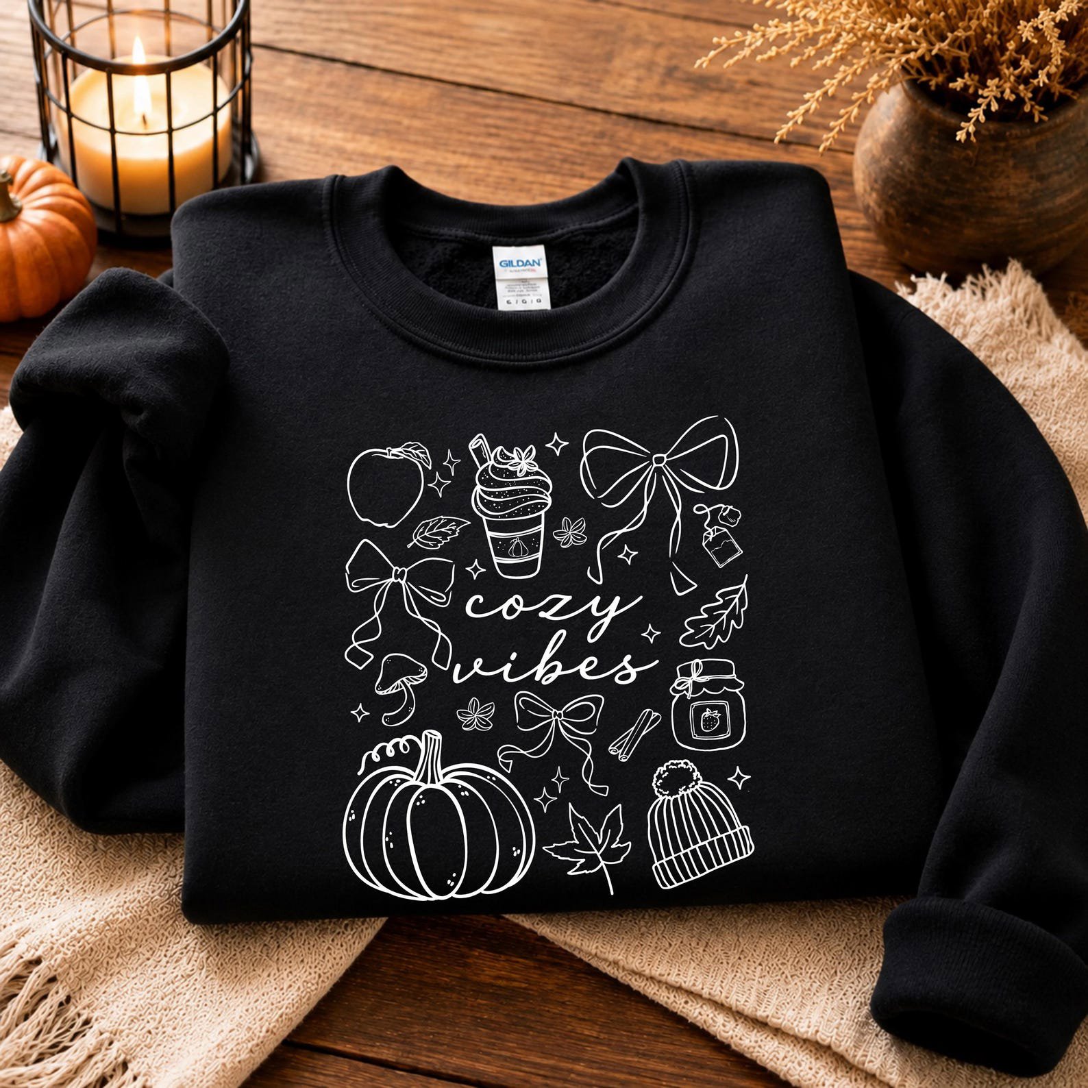Cozy Vibes Sweatshirt, Fall Doodle Crewneck, Minimalist Autumn Bow Pumpkin Shirt 7