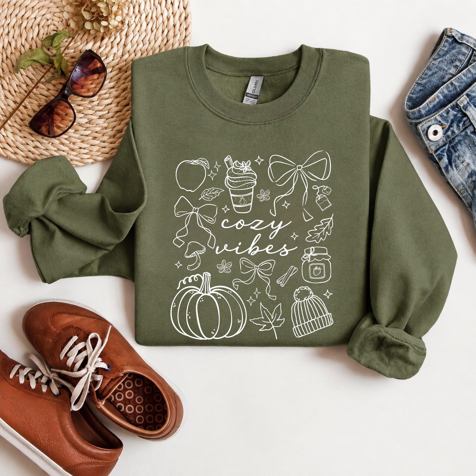 Cozy Vibes Sweatshirt, Fall Doodle Crewneck, Minimalist Autumn Bow Pumpkin Shirt 8