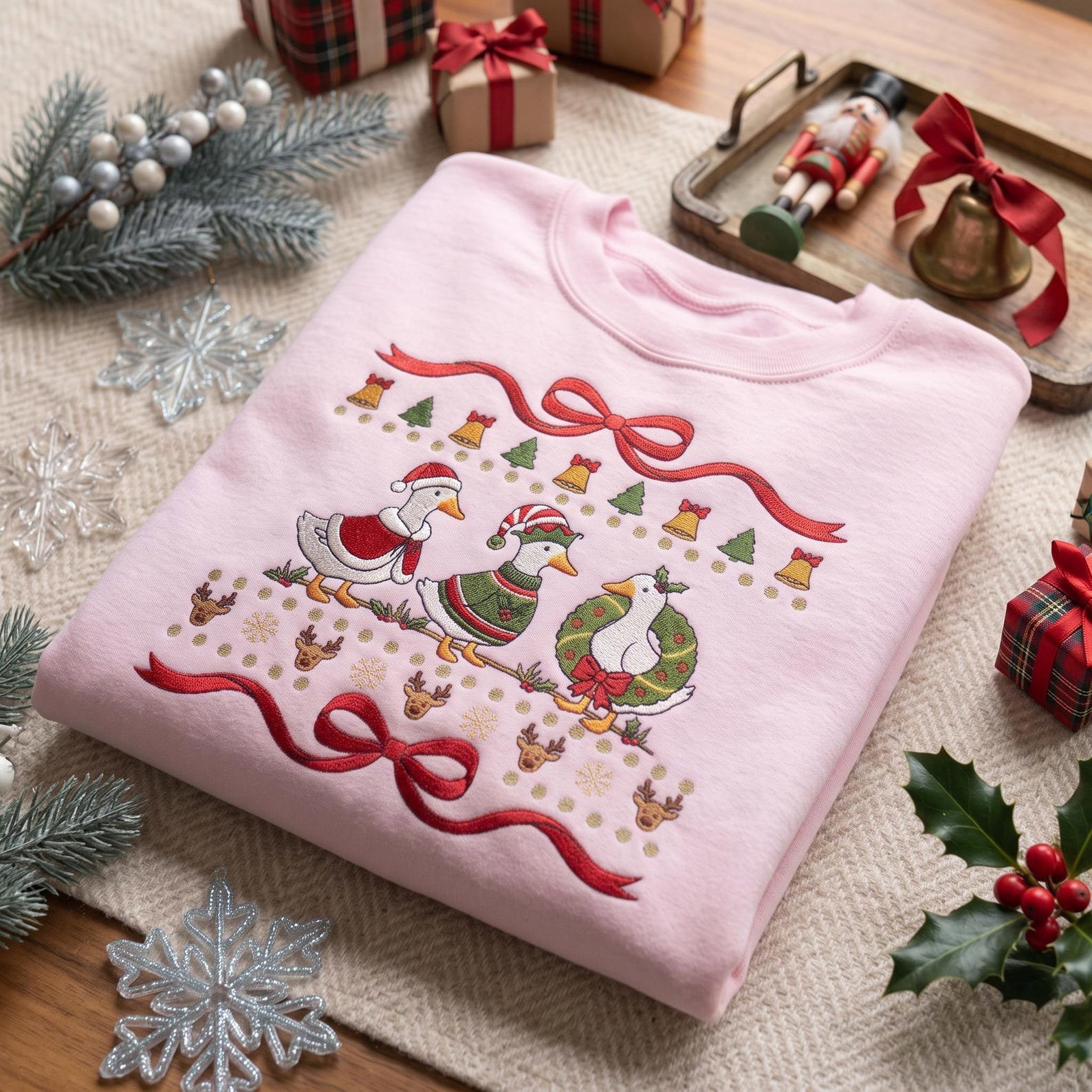 Embroidered Christmas Goose Sweatshirt, Festive Holiday Geese Sweater, Coquette Bow Christmas Shirt, Goose Lover Gift 1