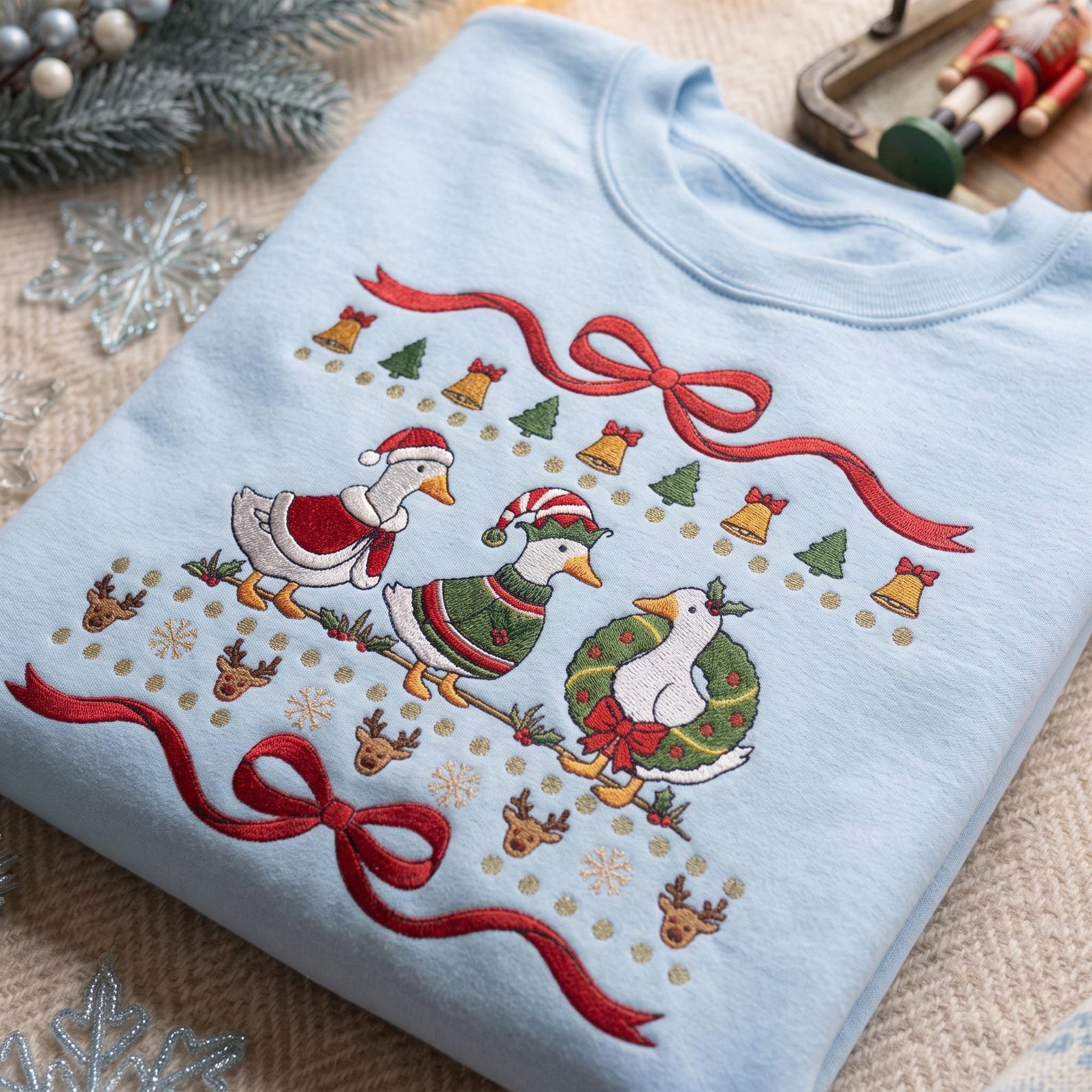 Embroidered Christmas Goose Sweatshirt, Festive Holiday Geese Sweater, Coquette Bow Christmas Shirt, Goose Lover Gift 2