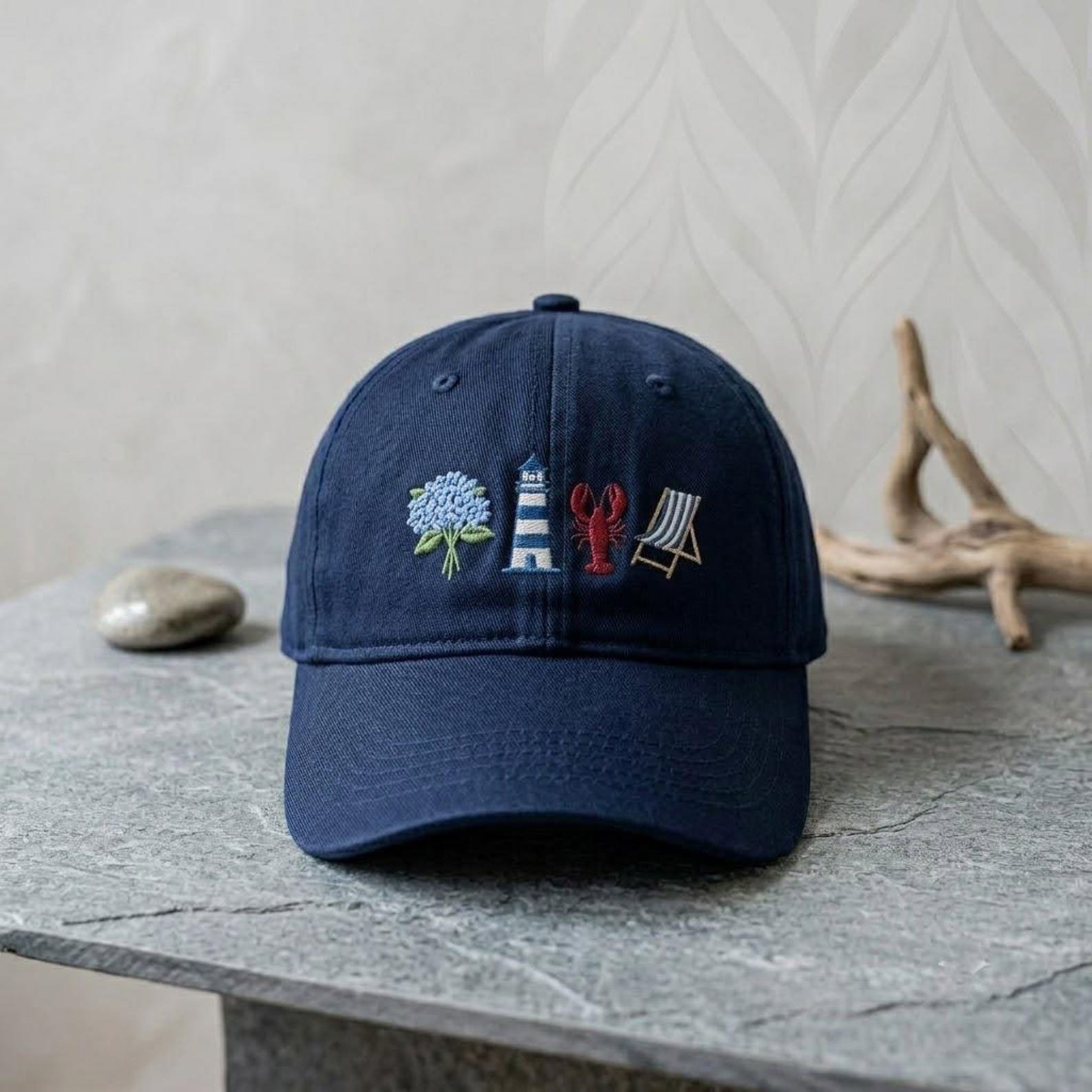 Beach Lover Embroidered Washed Hat, Lighthouse Lobster Hydrangea Cap, Coastal Vacation Accessory, Nautical Summer Gift Idea for Adults 2