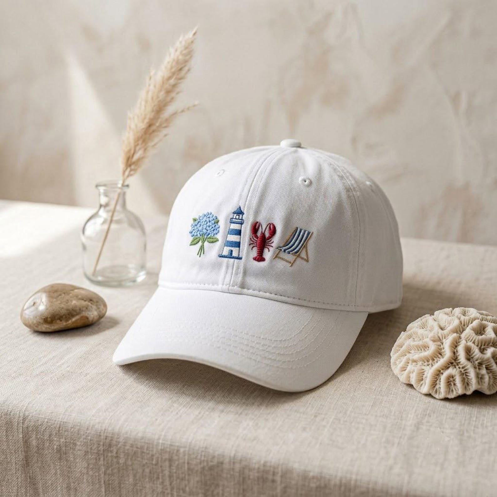 Beach Lover Embroidered Washed Hat, Lighthouse Lobster Hydrangea Cap, Coastal Vacation Accessory, Nautical Summer Gift Idea for Adults 3
