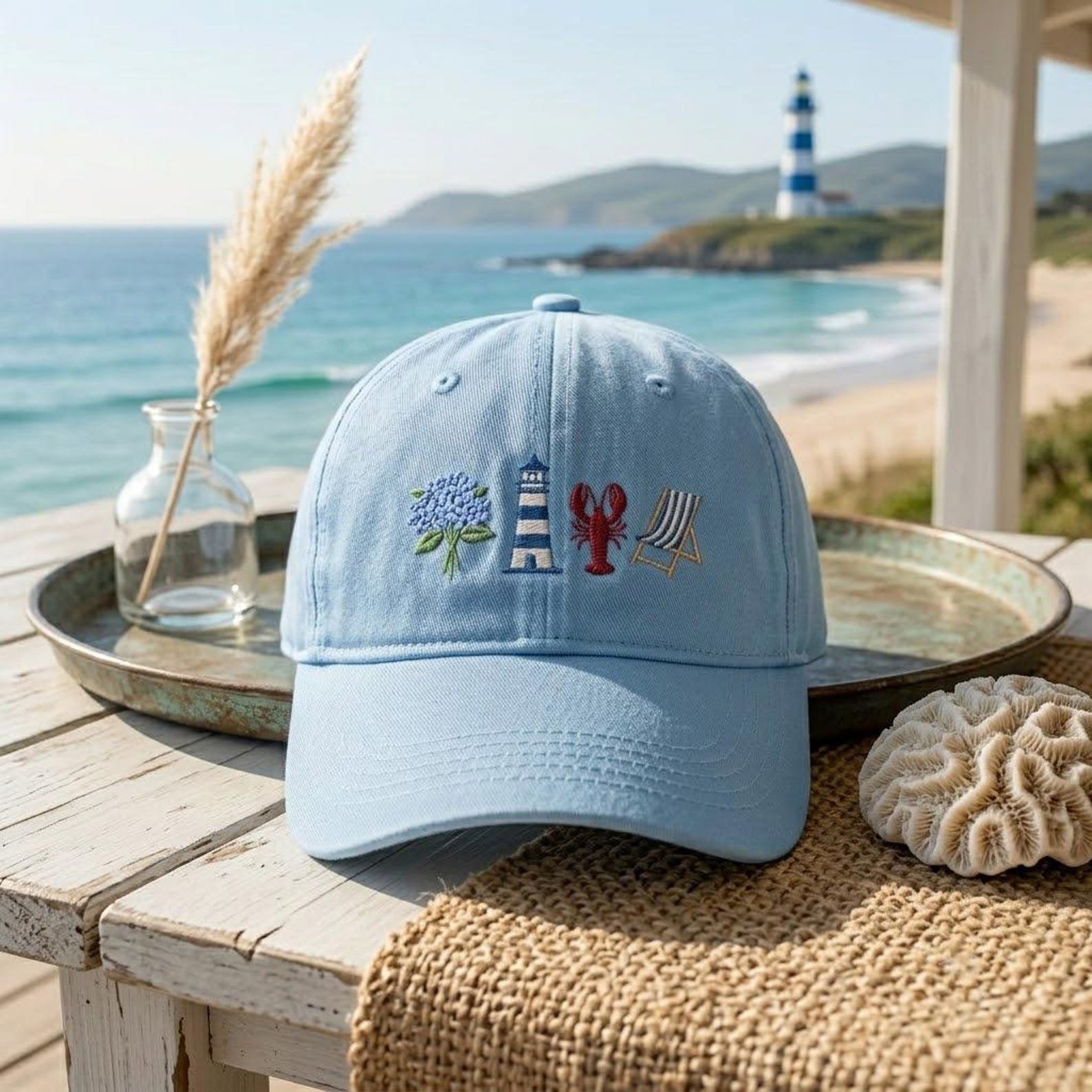 Beach Lover Embroidered Washed Hat, Lighthouse Lobster Hydrangea Cap, Coastal Vacation Accessory, Nautical Summer Gift Idea for Adults 1