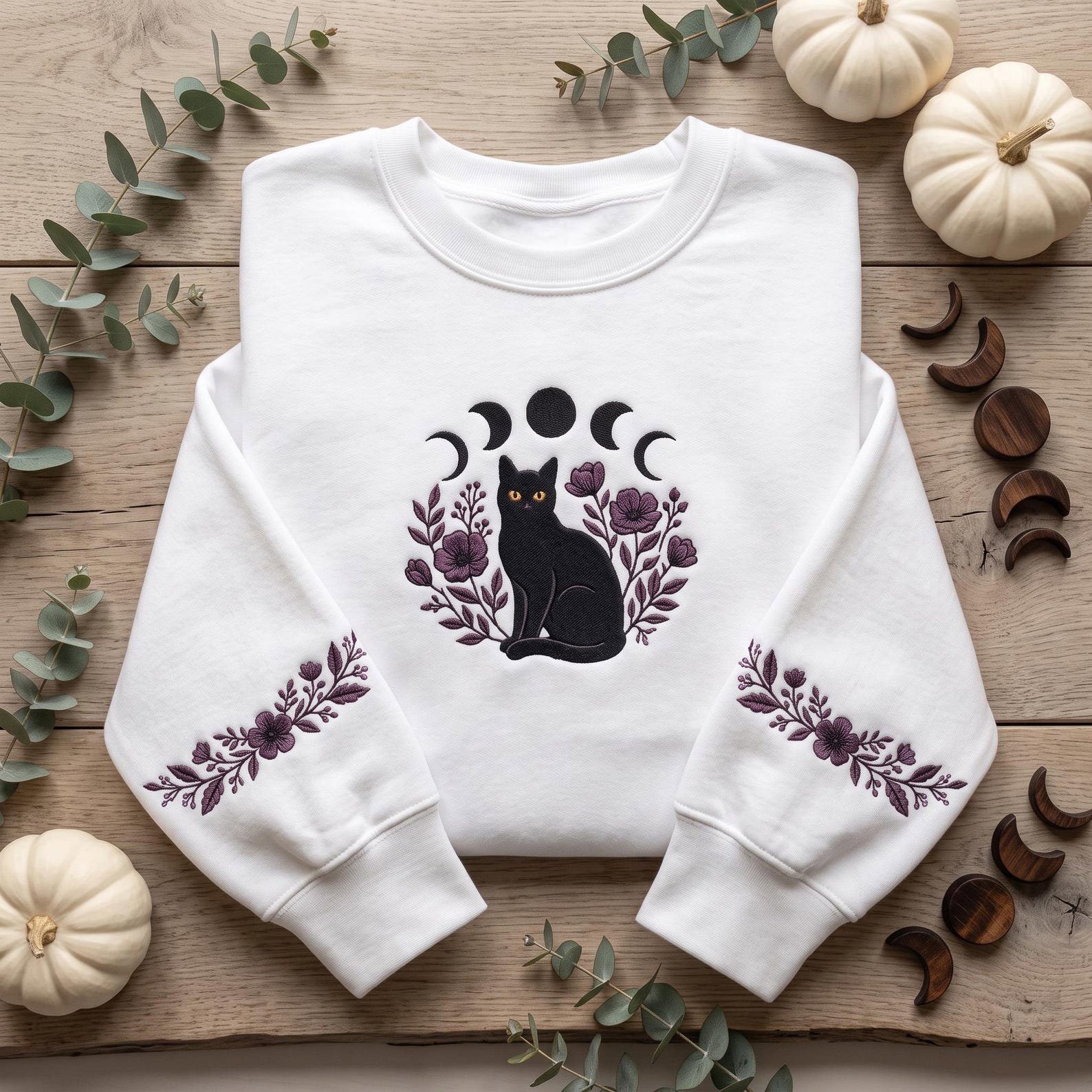 Witchy Black Cat Embroidered Sweatshirt, Moon Phases Floral Crewneck, Celestial Gothic Cat Shirt with Embroidered Sleeves 2