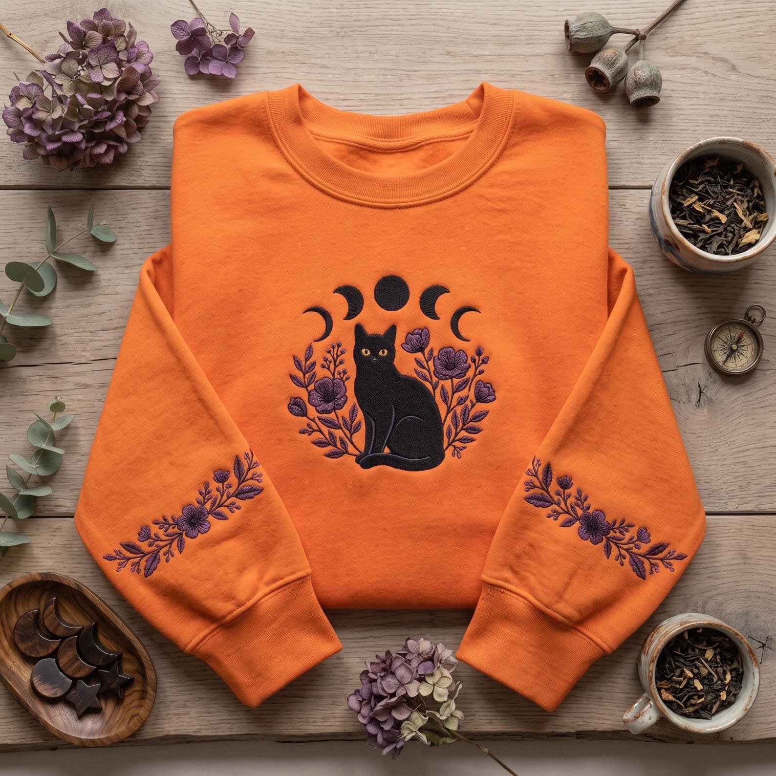 Witchy Black Cat Embroidered Sweatshirt, Moon Phases Floral Crewneck, Celestial Gothic Cat Shirt with Embroidered Sleeves 1