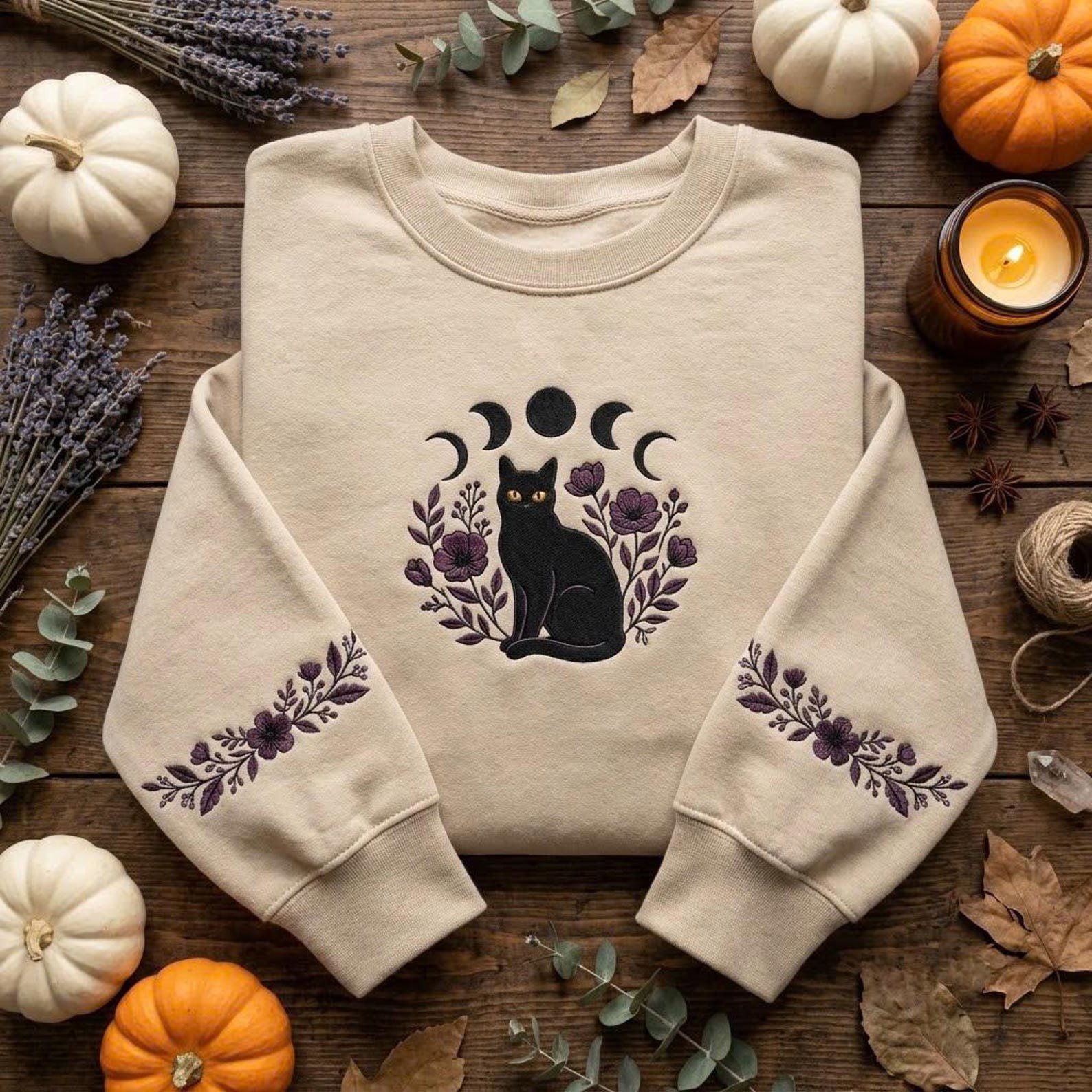 Witchy Black Cat Embroidered Sweatshirt, Moon Phases Floral Crewneck, Celestial Gothic Cat Shirt with Embroidered Sleeves 3
