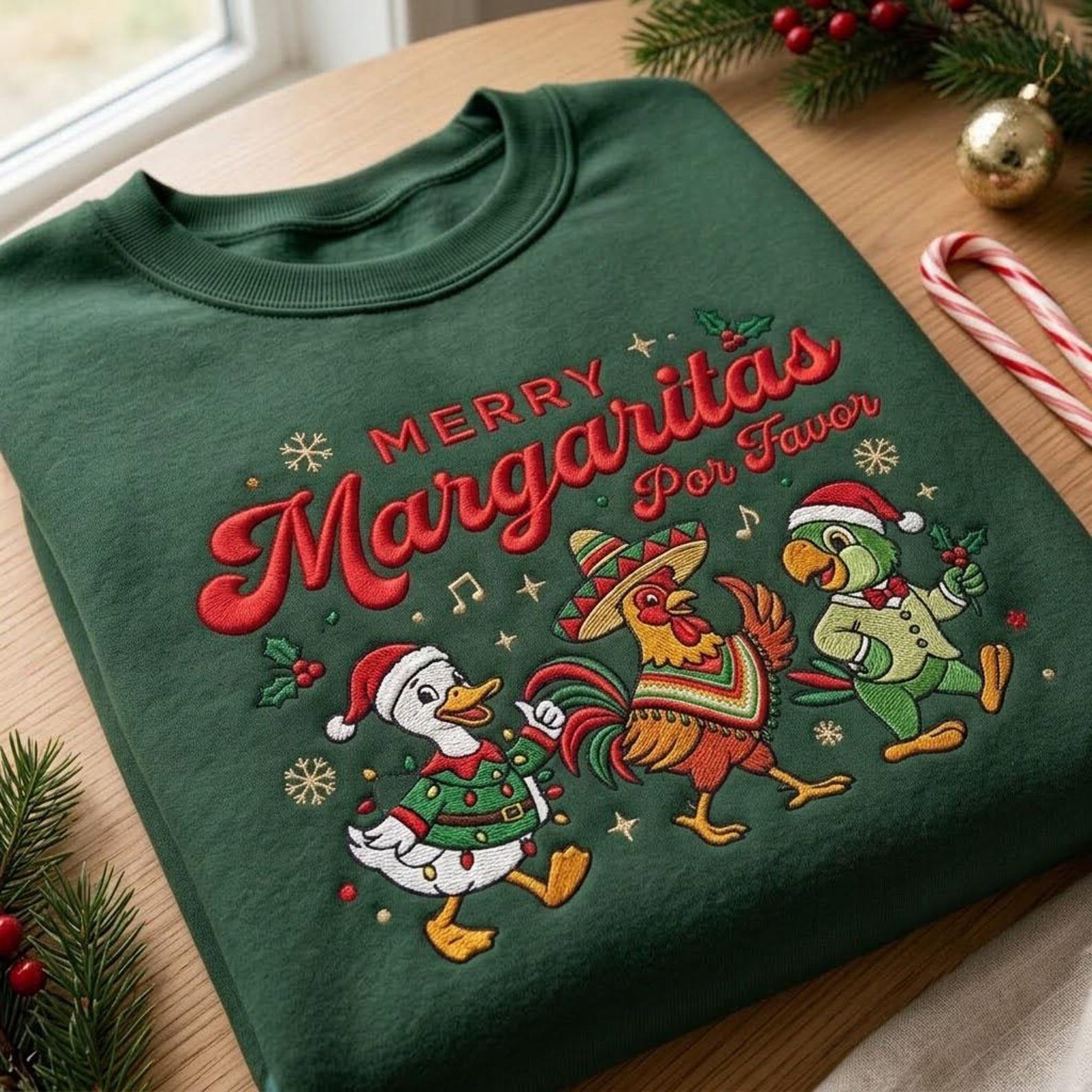 Merry Margaritas Por Favor Sweatshirt, Embroidered Christmas Fiesta Shirt, Funny Holiday Duck Sweater, Feliz Navidad Gift 1