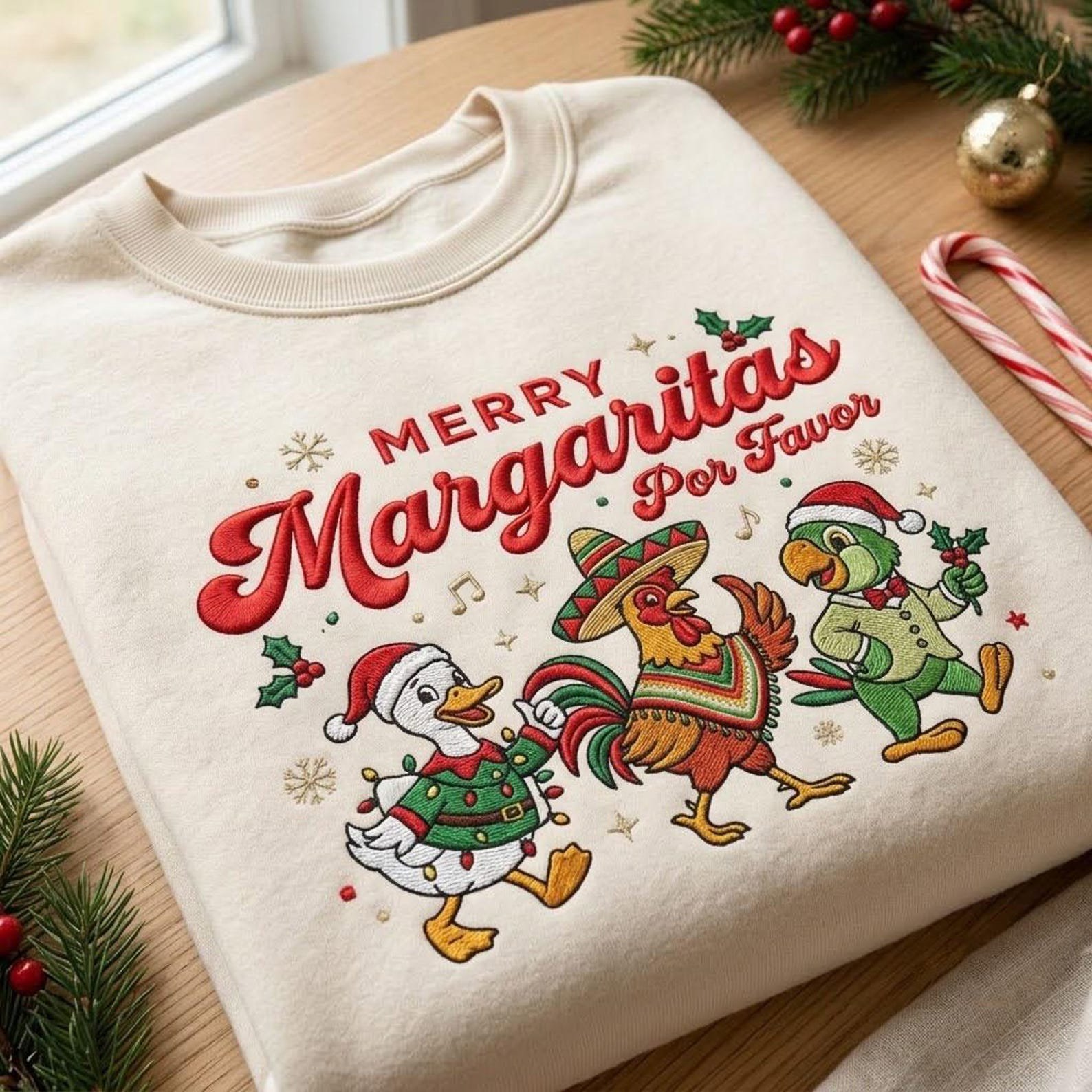 Merry Margaritas Por Favor Sweatshirt, Embroidered Christmas Fiesta Shirt, Funny Holiday Duck Sweater, Feliz Navidad Gift 2