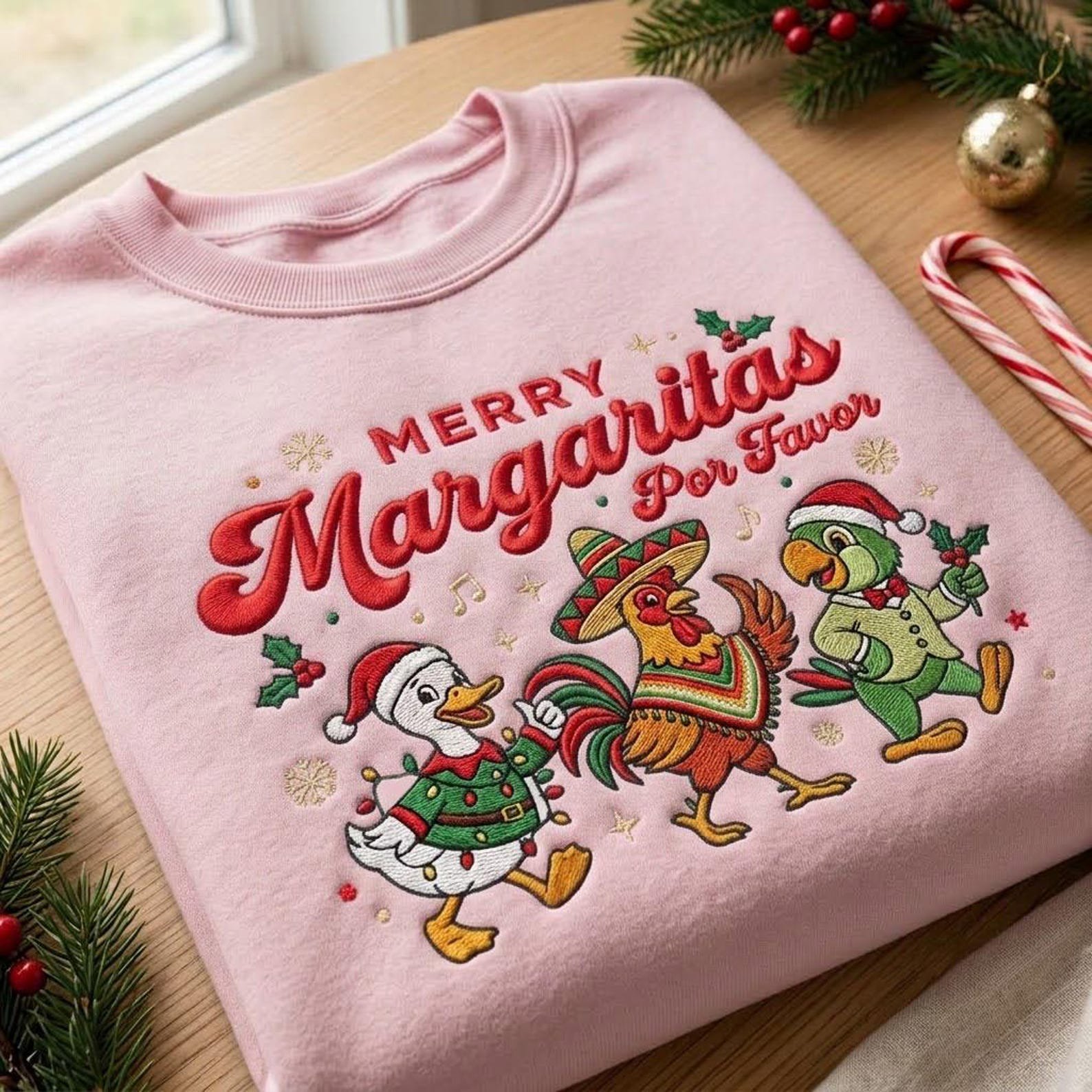 Merry Margaritas Por Favor Sweatshirt, Embroidered Christmas Fiesta Shirt, Funny Holiday Duck Sweater, Feliz Navidad Gift 3