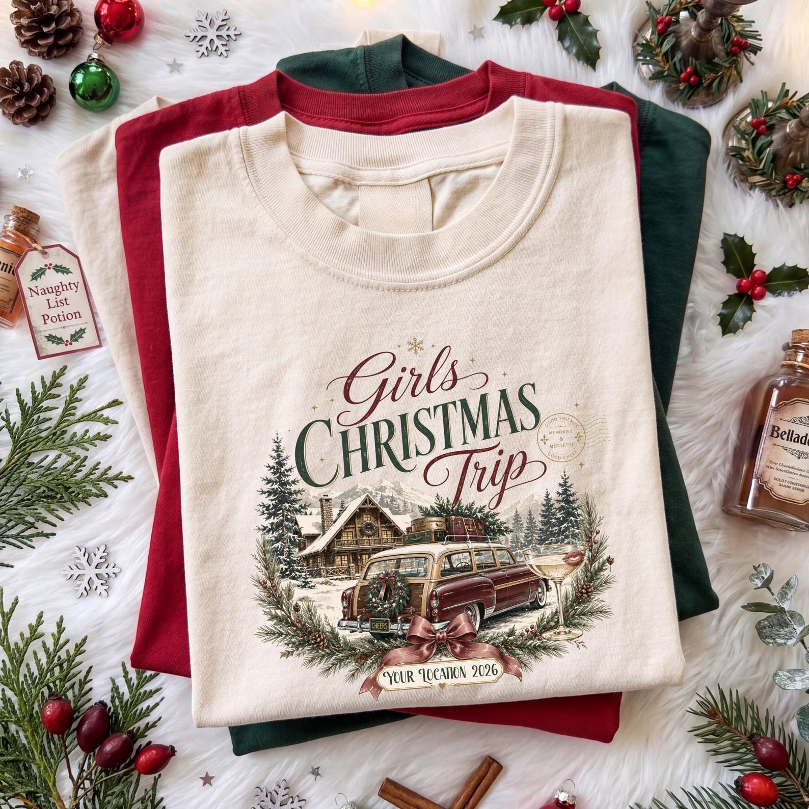 Custom Vintage Girls Christmas Trip SweatShirt, Retro Holiday Vacation Squad Tee, Matching Xmas Getaway Outfit 1