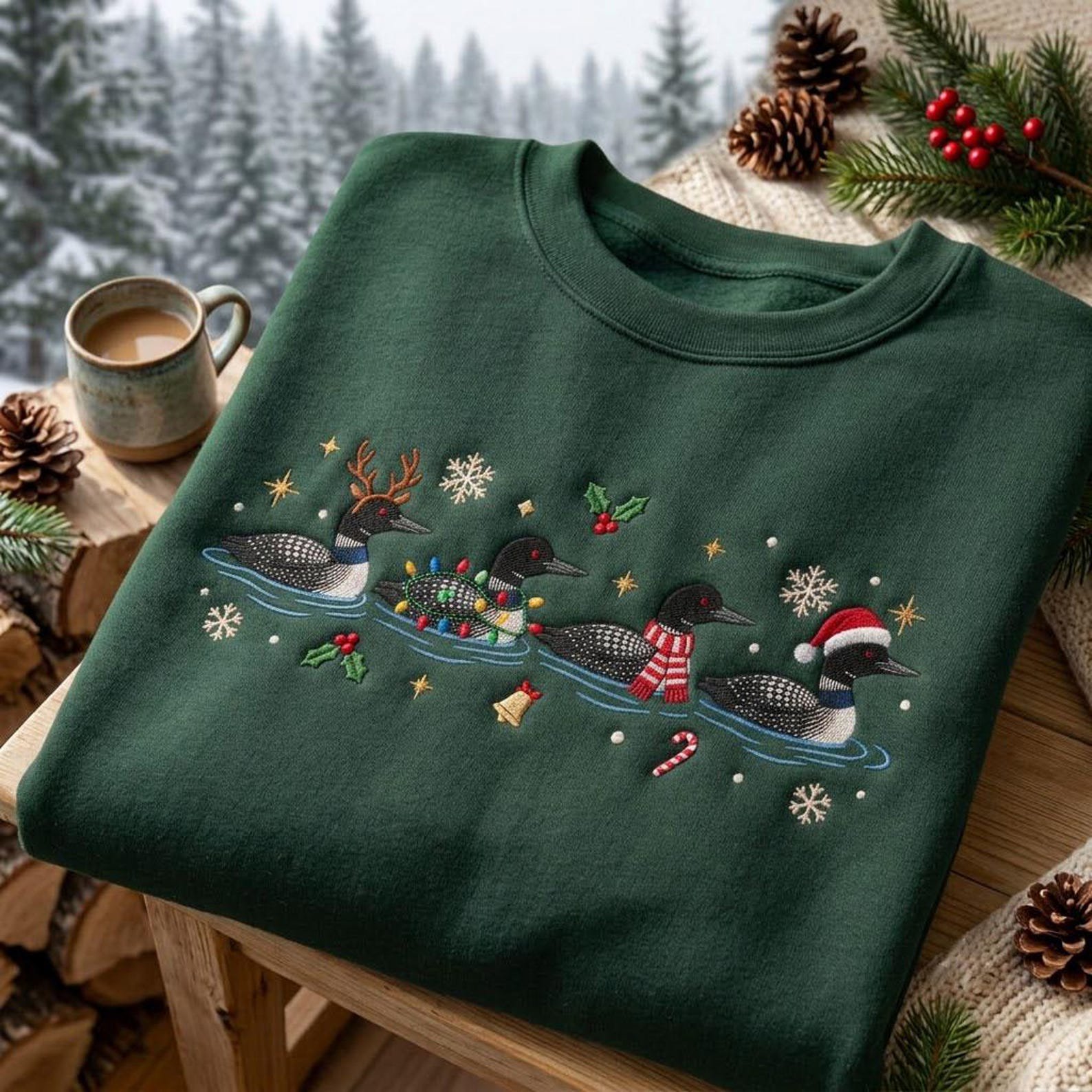 Festive Loon Christmas Embroidered Sweatshirt, Winter Lake Bird Crewneck, Holiday Loon Sweater, Nature Lover Christmas Gift 1