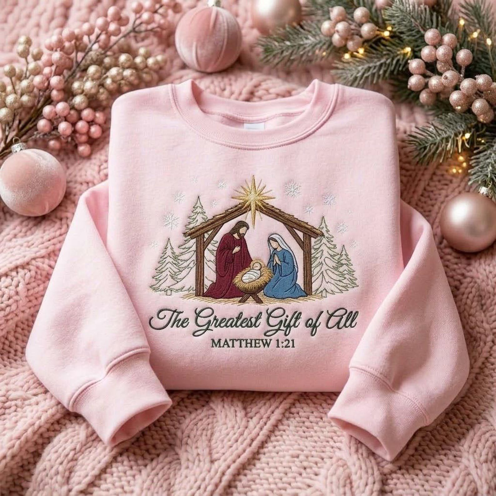 Nativity Christmas Sweatshirt, Embroidered Jesus Manger Shirt, The Greatest Gift of All Christian Sweater, Matthew 1:21 Gift 1