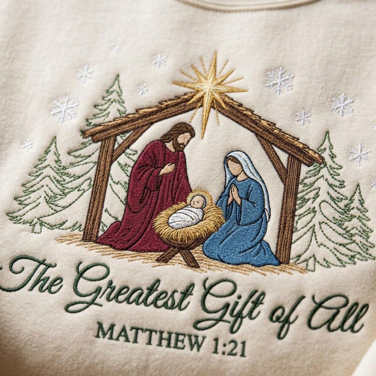 Nativity Christmas Sweatshirt, Embroidered Jesus Manger Shirt, The Greatest Gift of All Christian Sweater, Matthew 1:21 Gift 3