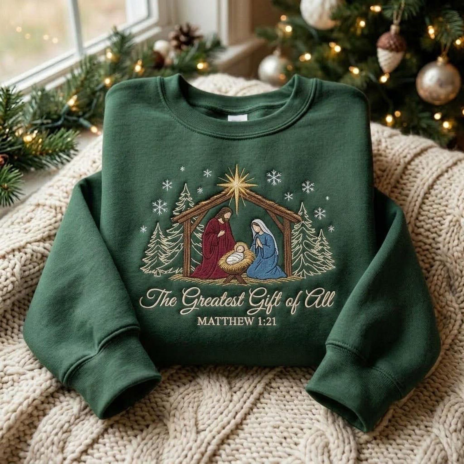 Nativity Christmas Sweatshirt, Embroidered Jesus Manger Shirt, The Greatest Gift of All Christian Sweater, Matthew 1:21 Gift 4