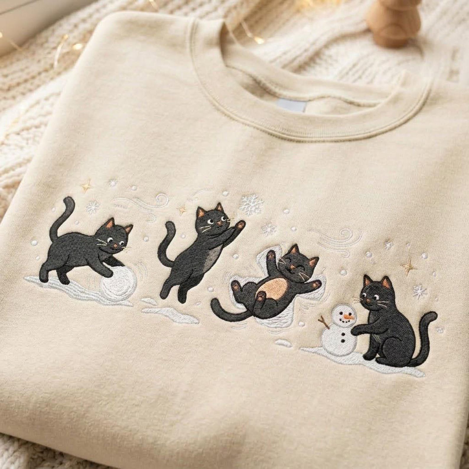Embroidered Black Cat Sweatshirt, Playful Winter Kittens Christmas Sweater, Snow Day Cat Shirt, Cozy Holiday Cat Lover Gift 2