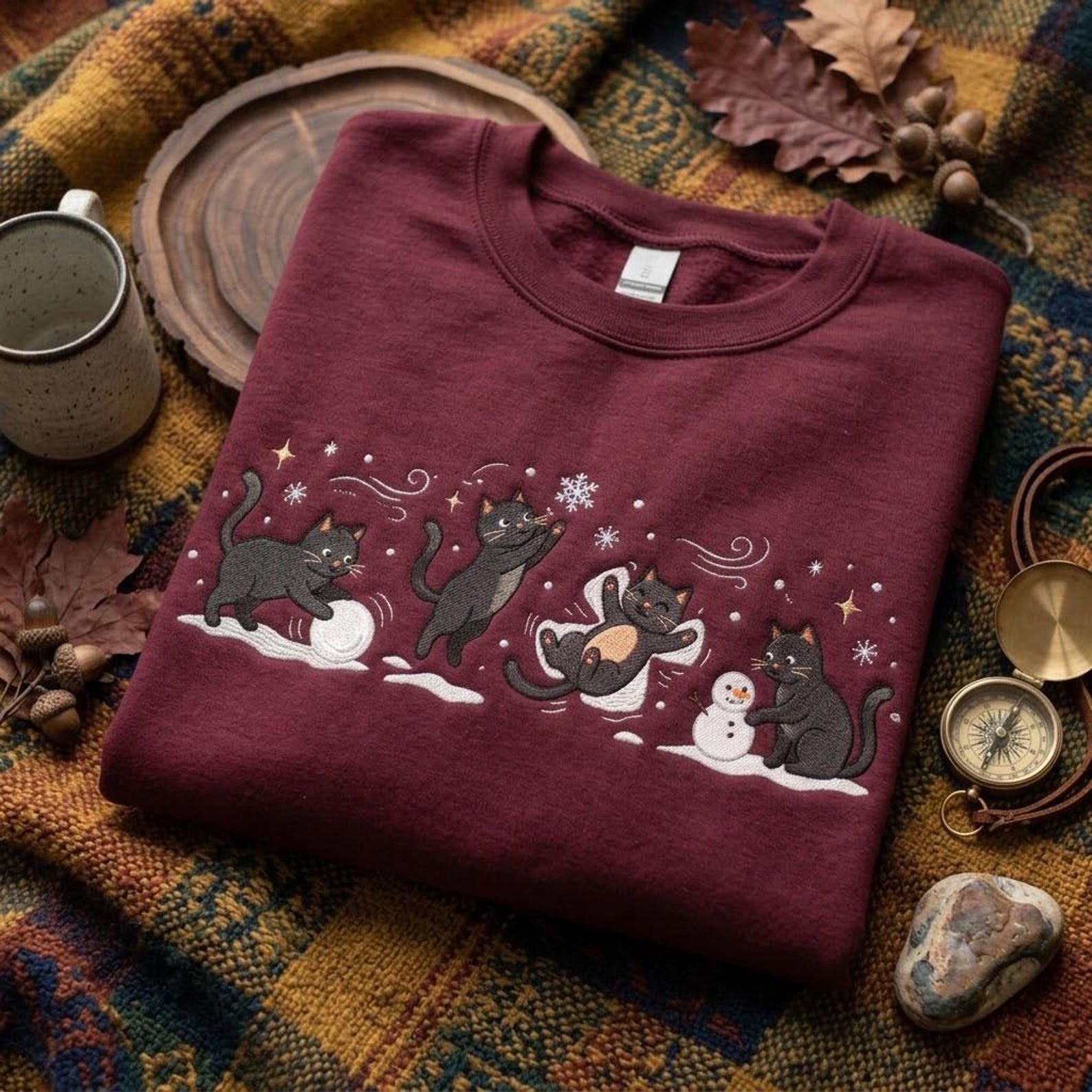 Embroidered Black Cat Sweatshirt, Playful Winter Kittens Christmas Sweater, Snow Day Cat Shirt, Cozy Holiday Cat Lover Gift 1