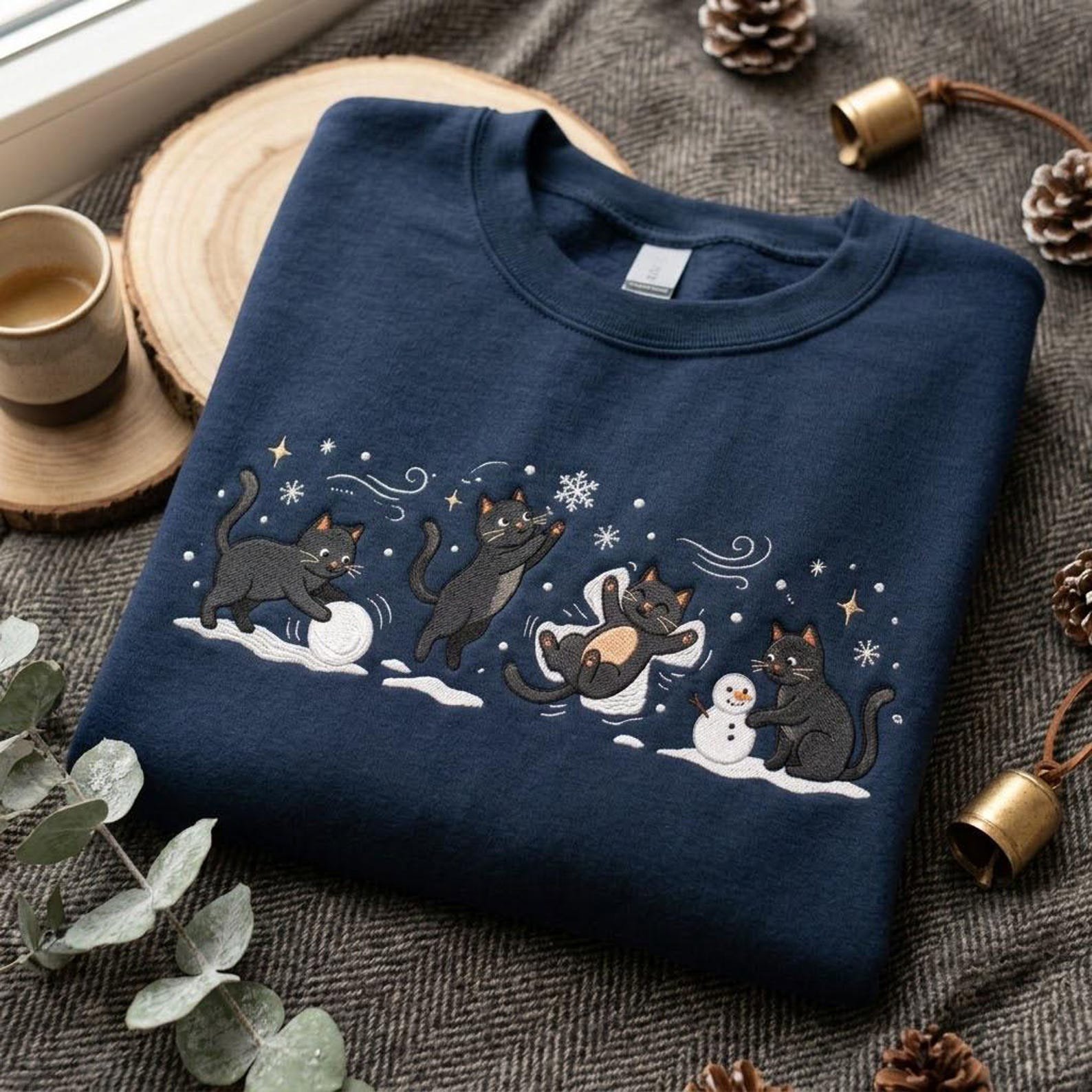 Embroidered Black Cat Sweatshirt, Playful Winter Kittens Christmas Sweater, Snow Day Cat Shirt, Cozy Holiday Cat Lover Gift 3