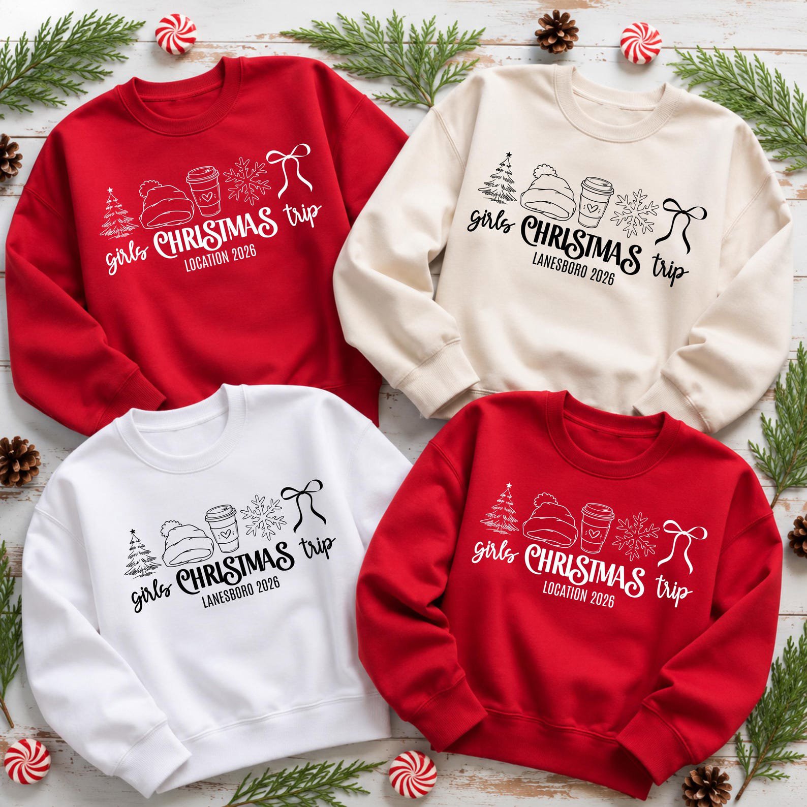 Custom Girls Christmas Trip Shirt, Holiday Vacation Squad Outfit, Matching Destination Xmas Sweatshirt 3