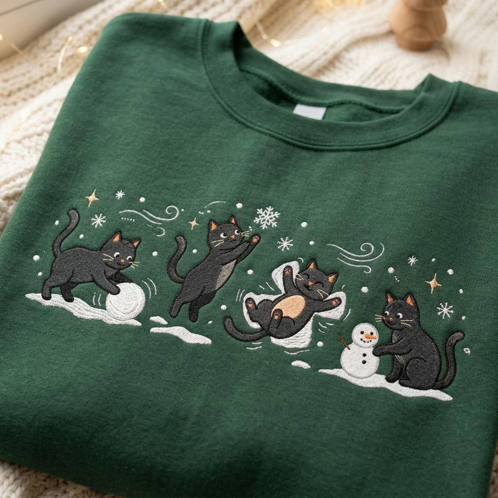 Embroidered Black Cat Sweatshirt, Playful Winter Kittens Christmas Sweater, Snow Day Cat Shirt, Cozy Holiday Cat Lover Gift 4