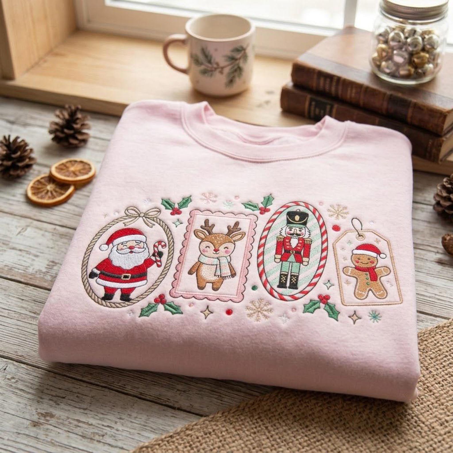 Christmas Embroidered Sweatshirt, Santa Reindeer Nutcracker Gingerbread Crewneck, Vintage Holiday Characters Christmas Pullover 3