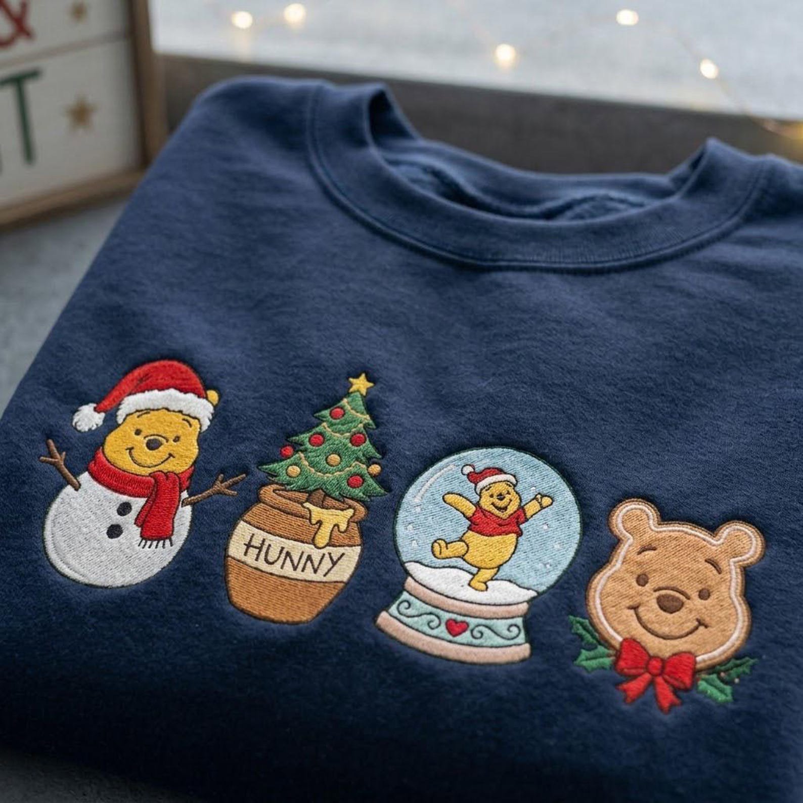 Cute Christmas Bear Embroidered Sweatshirt, Honey Pot Snow Globe Holiday Crewneck, Gingerbread Bear Festive Winter Gift 1