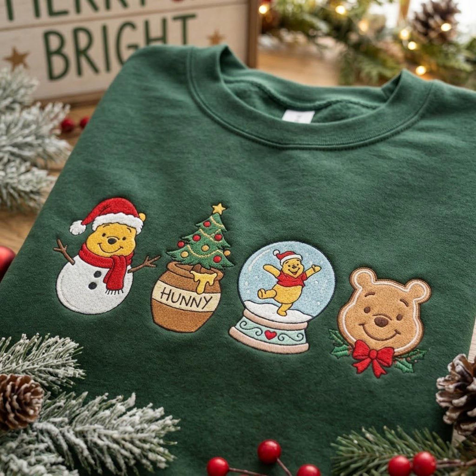 Cute Christmas Bear Embroidered Sweatshirt, Honey Pot Snow Globe Holiday Crewneck, Gingerbread Bear Festive Winter Gift 3