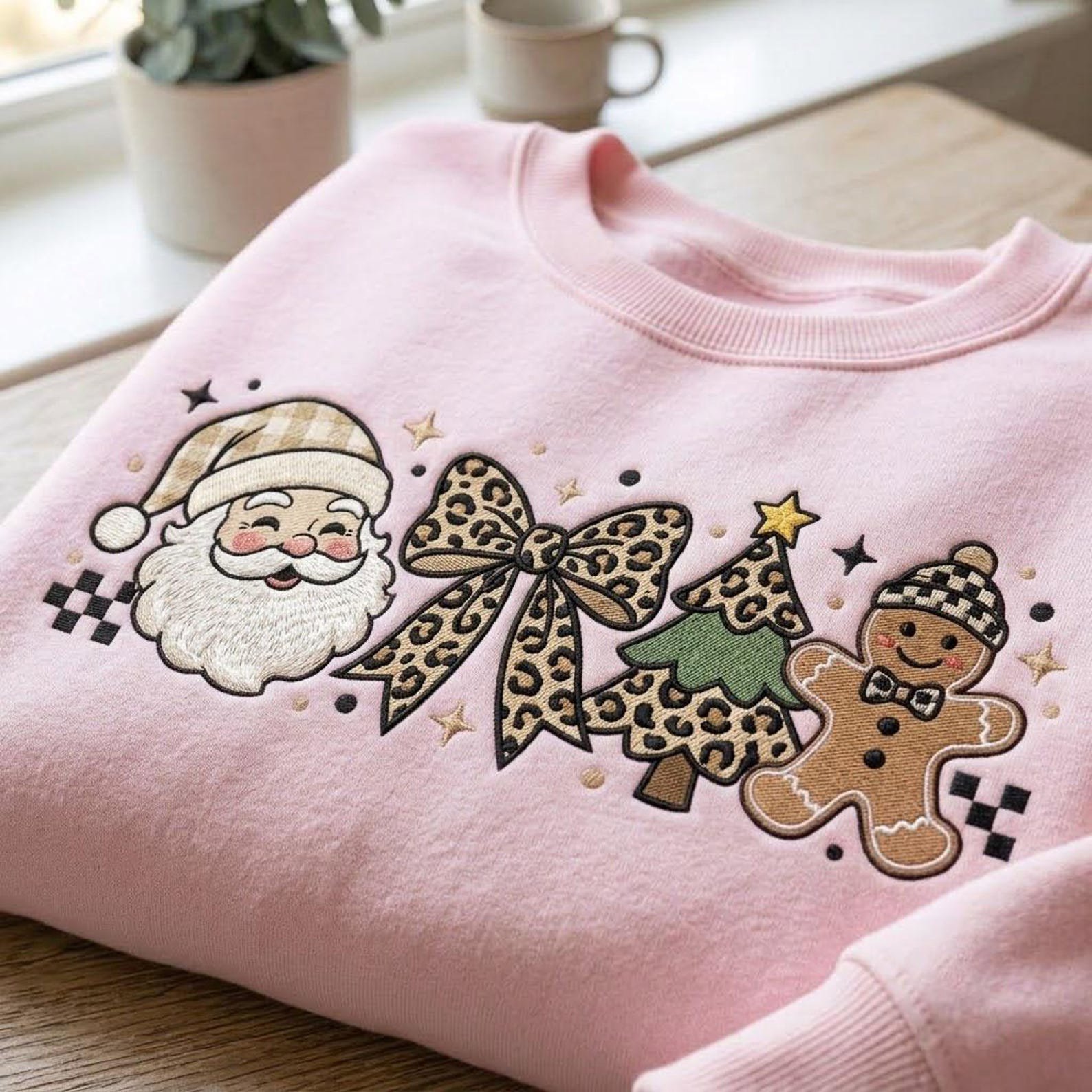 Leopard Christmas Sweatshirt, Embroidered Santa Bow Gingerbread Shirt, Coquette Holiday Sweater, Trendy Christmas Gift 3
