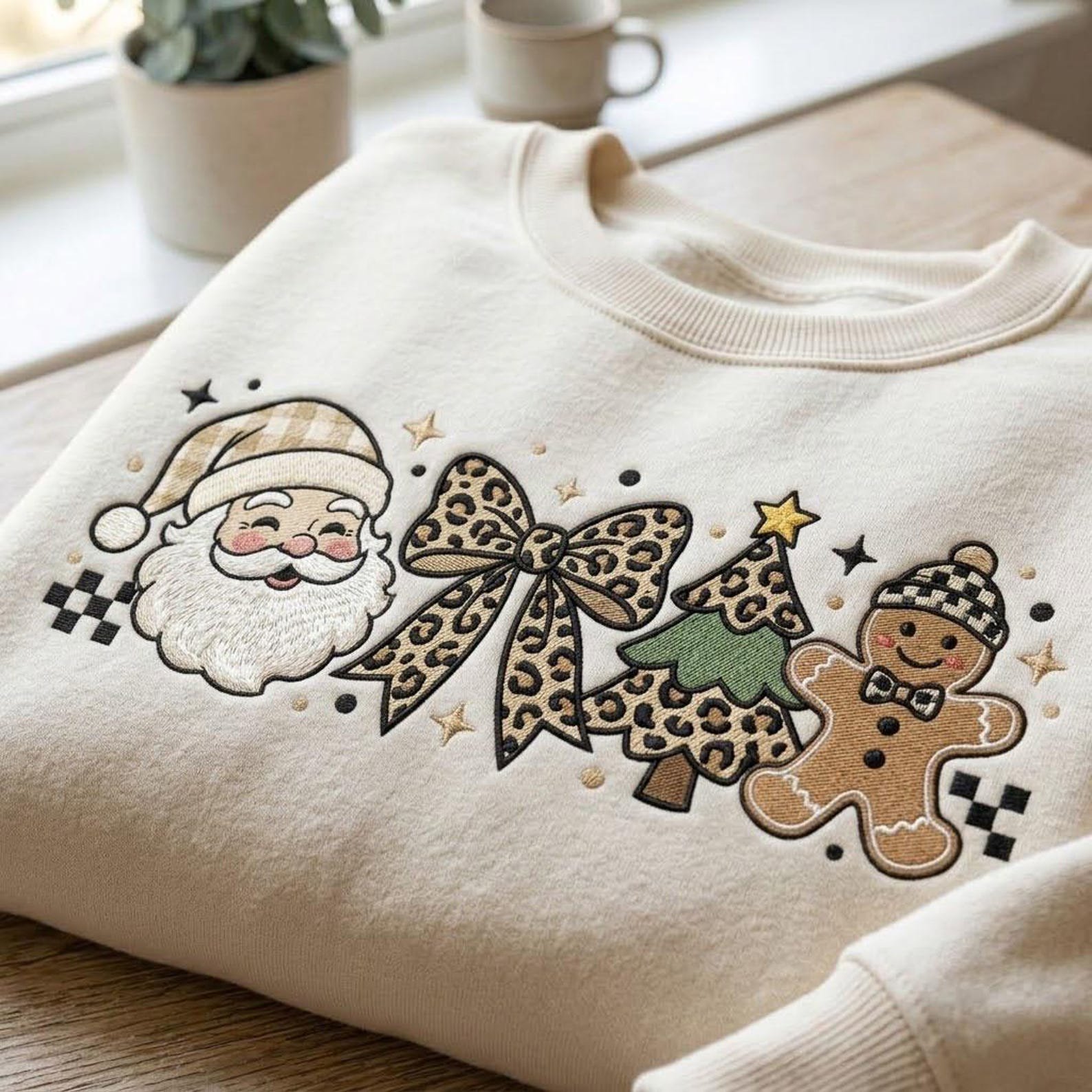 Leopard Christmas Sweatshirt, Embroidered Santa Bow Gingerbread Shirt, Coquette Holiday Sweater, Trendy Christmas Gift 2