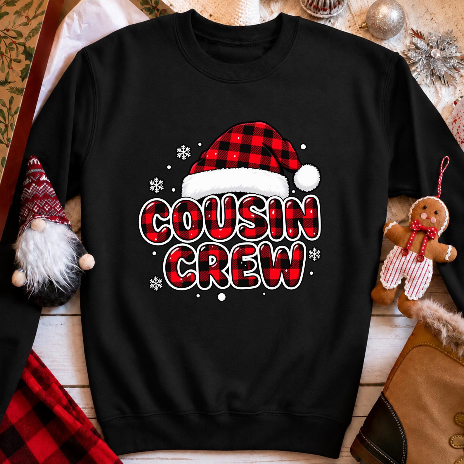 Cousin Crew Christmas Shirt, Matching Kids Santa Hat Outfit, Buffalo Plaid Holiday Tee 1