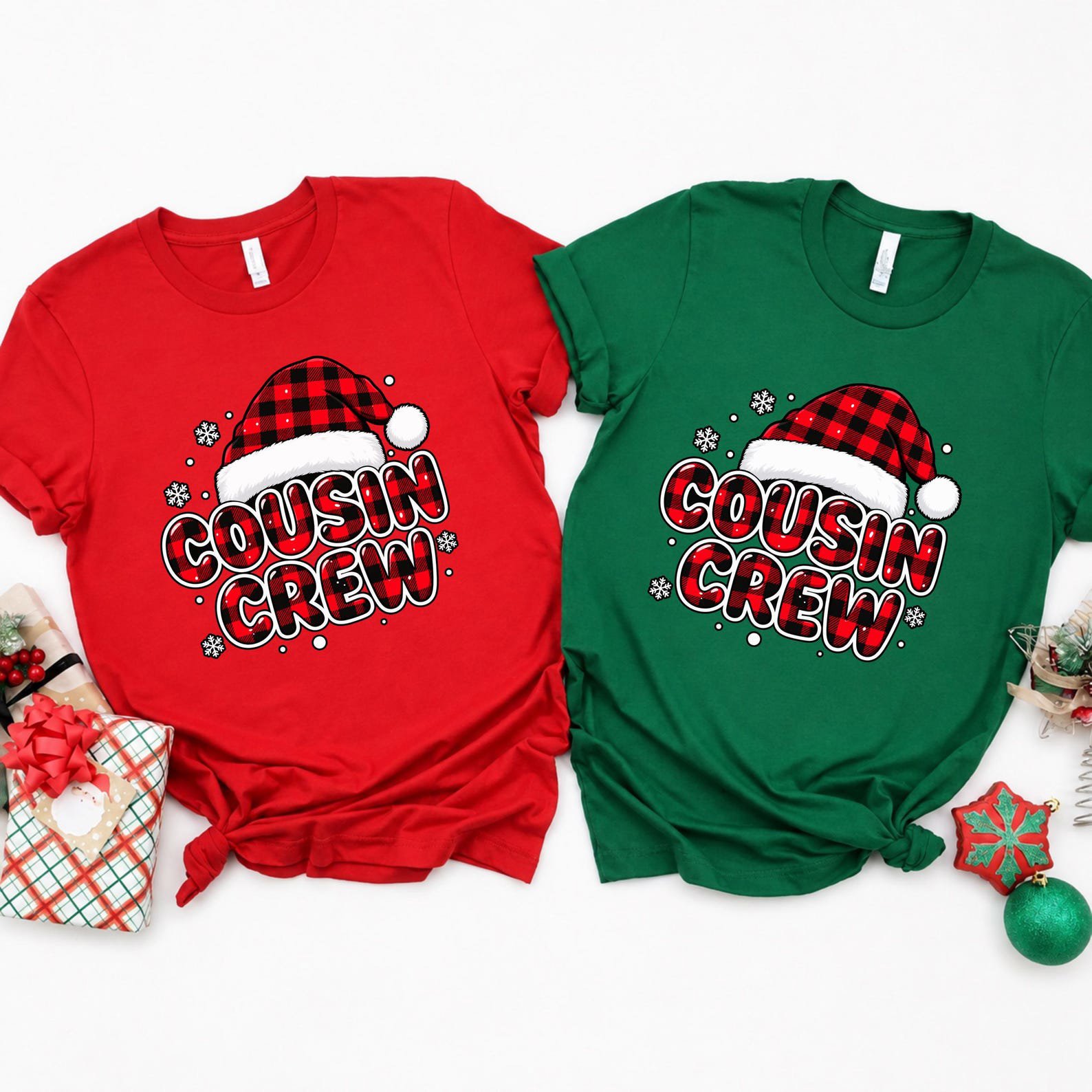 Cousin Crew Christmas Shirt, Matching Kids Santa Hat Outfit, Buffalo Plaid Holiday Tee 3