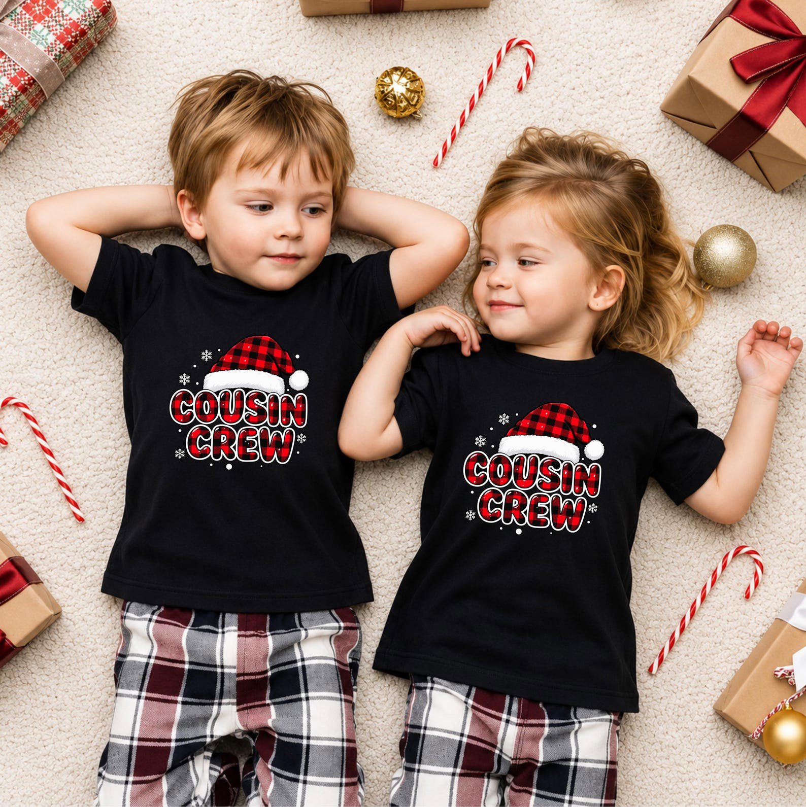 Cousin Crew Christmas Shirt, Matching Kids Santa Hat Outfit, Buffalo Plaid Holiday Tee 2