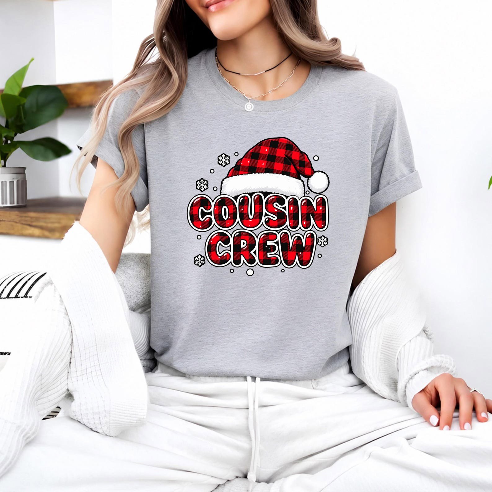 Cousin Crew Christmas Shirt, Matching Kids Santa Hat Outfit, Buffalo Plaid Holiday Tee 9