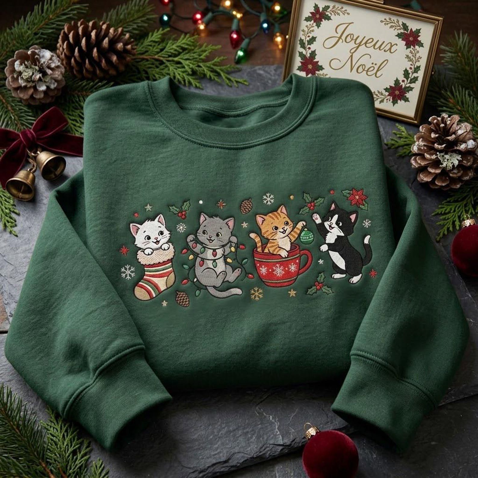 Embroidered Christmas Cat Sweatshirt, Cute Holiday Kittens Sweater, Festive Cat Christmas Shirt, Cozy Cat Lover Gift 2
