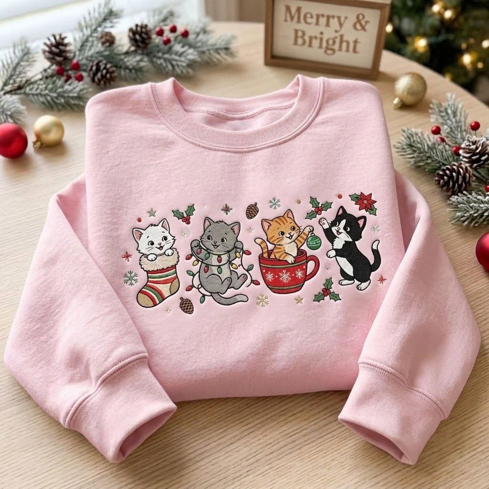 Embroidered Christmas Cat Sweatshirt, Cute Holiday Kittens Sweater, Festive Cat Christmas Shirt, Cozy Cat Lover Gift 3