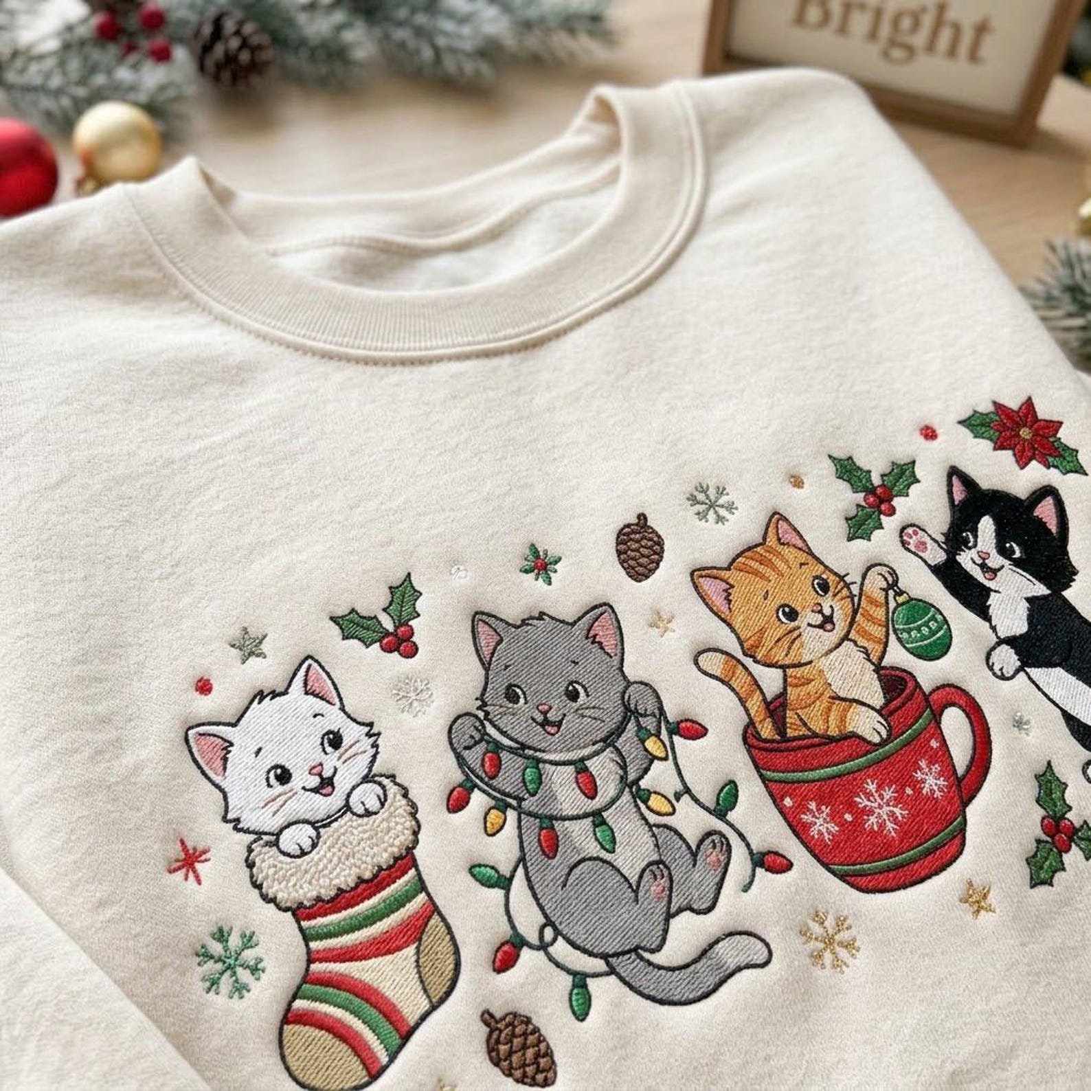 Embroidered Christmas Cat Sweatshirt, Cute Holiday Kittens Sweater, Festive Cat Christmas Shirt, Cozy Cat Lover Gift 1