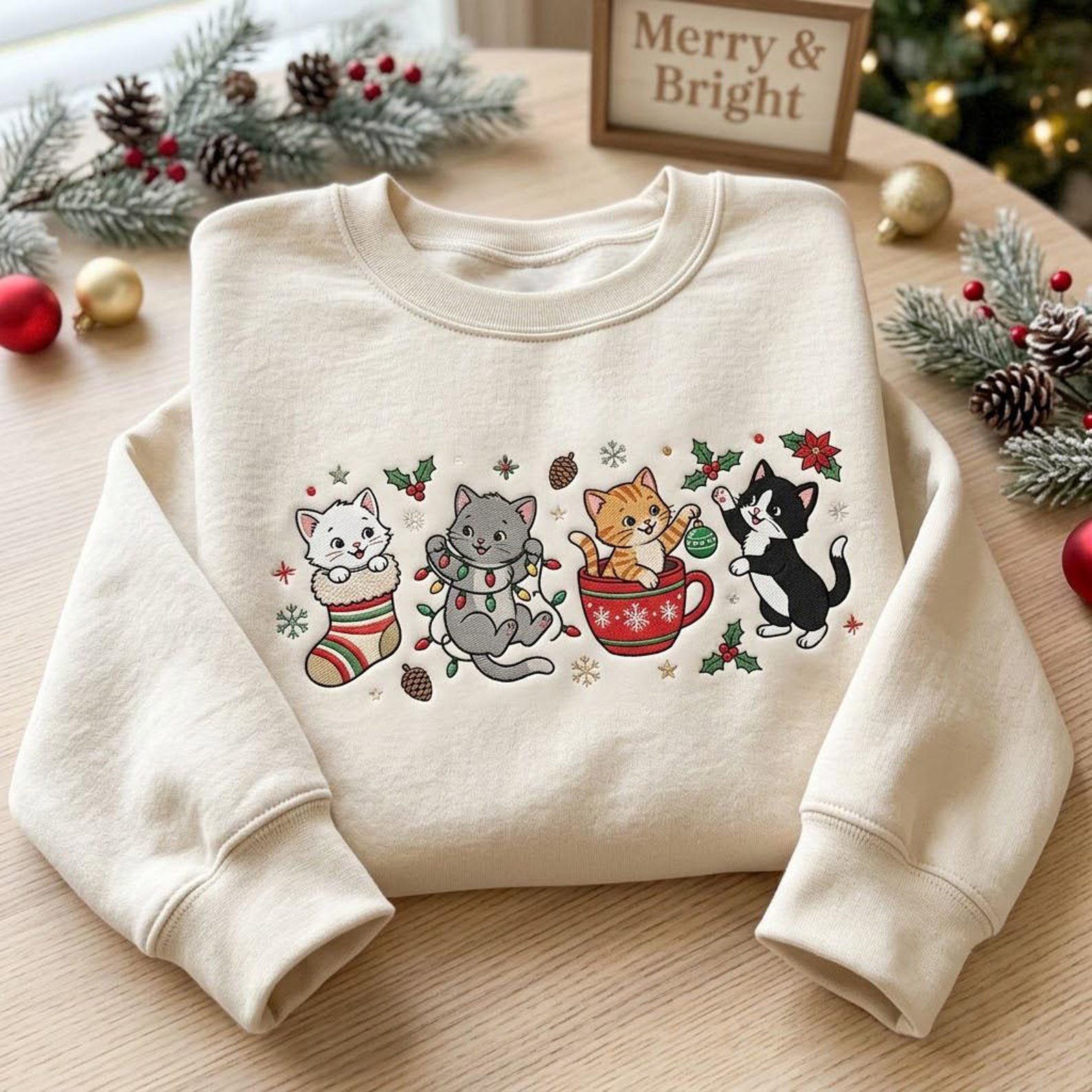 Embroidered Christmas Cat Sweatshirt, Cute Holiday Kittens Sweater, Festive Cat Christmas Shirt, Cozy Cat Lover Gift 4