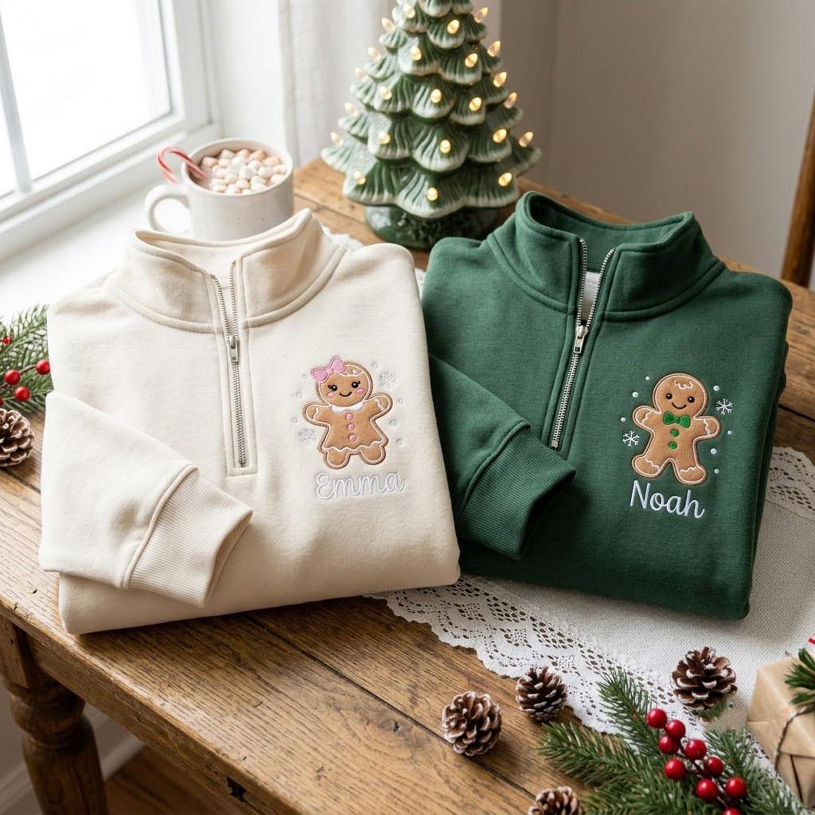 Personalized Gingerbread Quarter Zip Sweatshirt, Embroidered Christmas Pullover, Custom Name Holiday Sweater, Family Gift 2