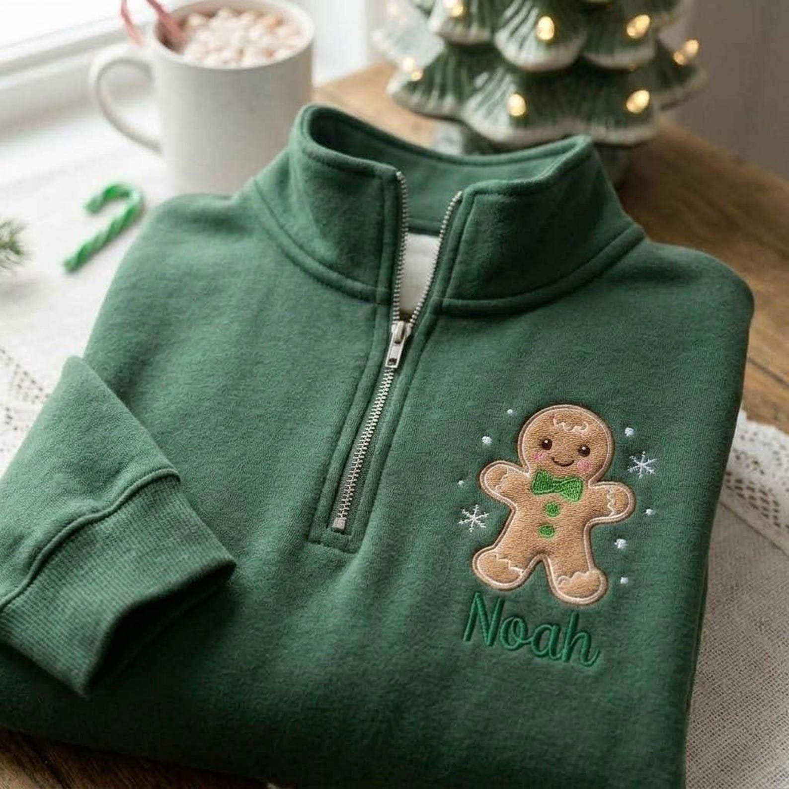 Personalized Gingerbread Quarter Zip Sweatshirt, Embroidered Christmas Pullover, Custom Name Holiday Sweater, Family Gift 3
