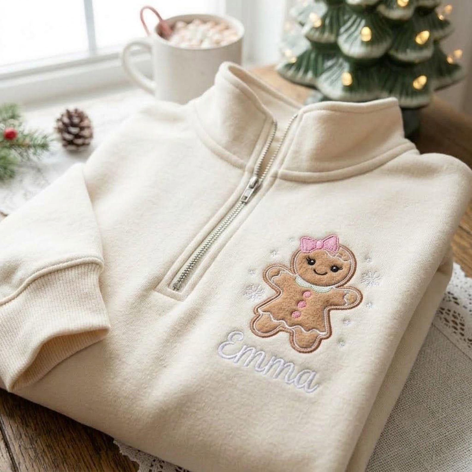 Personalized Gingerbread Quarter Zip Sweatshirt, Embroidered Christmas Pullover, Custom Name Holiday Sweater, Family Gift 6