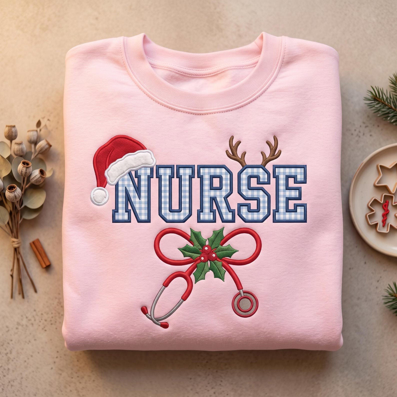 Christmas Nurse Embroidered Sweatshirt, Gingham Applique Nurse Crewneck, Holiday Nursing Stethoscope Sweatshirt, Nurse Gift 1