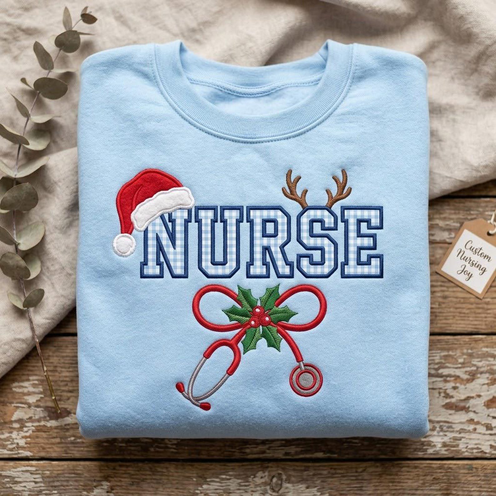 Christmas Nurse Embroidered Sweatshirt, Gingham Applique Nurse Crewneck, Holiday Nursing Stethoscope Sweatshirt, Nurse Gift 2