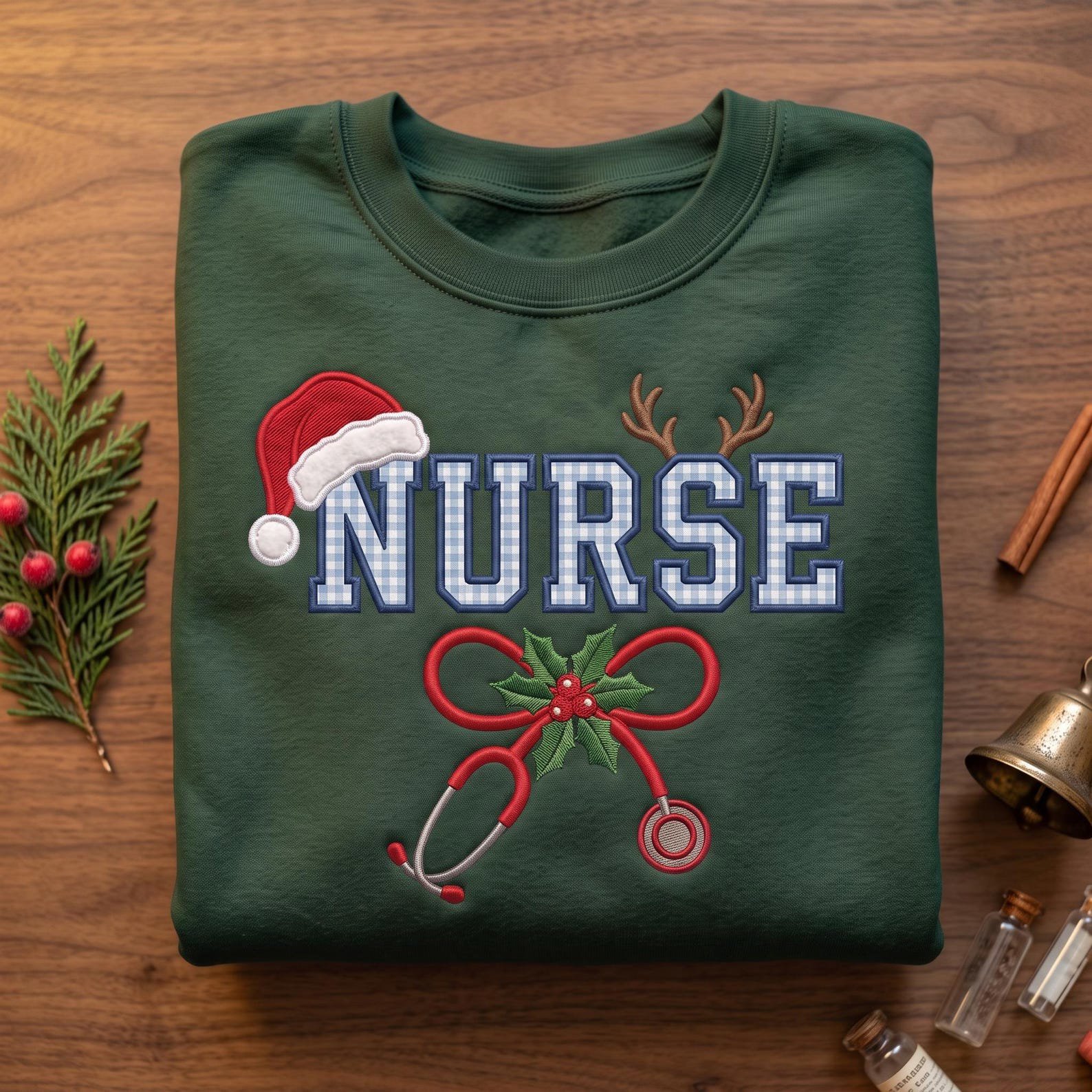 Christmas Nurse Embroidered Sweatshirt, Gingham Applique Nurse Crewneck, Holiday Nursing Stethoscope Sweatshirt, Nurse Gift 3