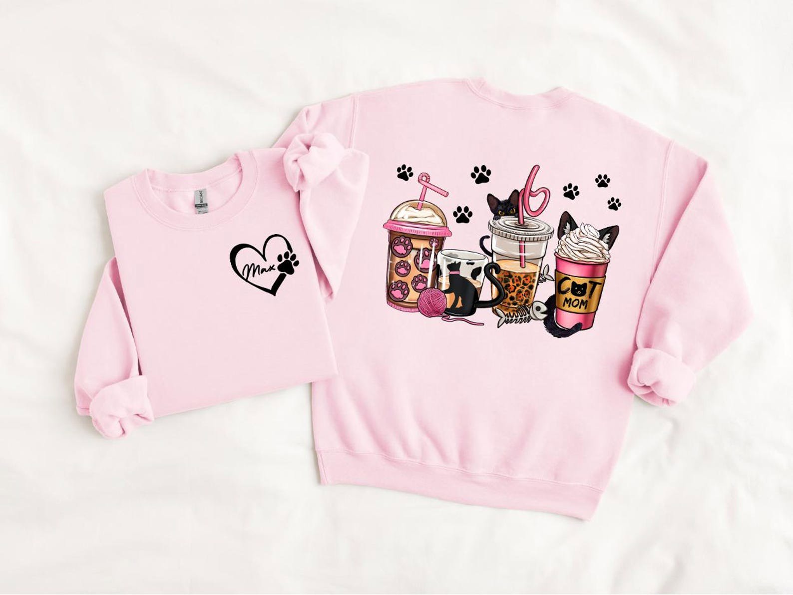 Custom Cat Mom Sweatshirt, Coffee Lover Cat Mom Shirt, Personalized Front Name Back Design, Cute Pet Lover Gift for Her, Cozy Cat Mama Top 2