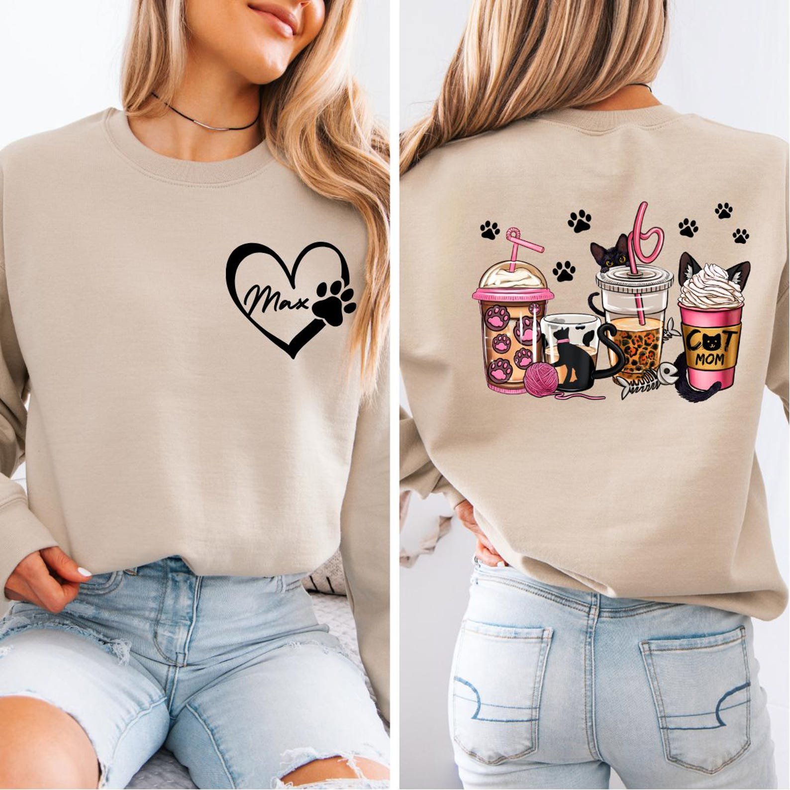 Custom Cat Mom Sweatshirt, Coffee Lover Cat Mom Shirt, Personalized Front Name Back Design, Cute Pet Lover Gift for Her, Cozy Cat Mama Top 1